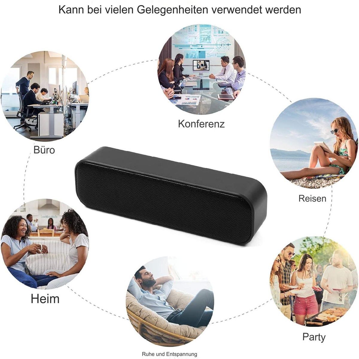 Ein schwarzer Lautsprecher ist von Bildern verschiedener Umgebungen wie Büro, Konferenz und Party umgeben.