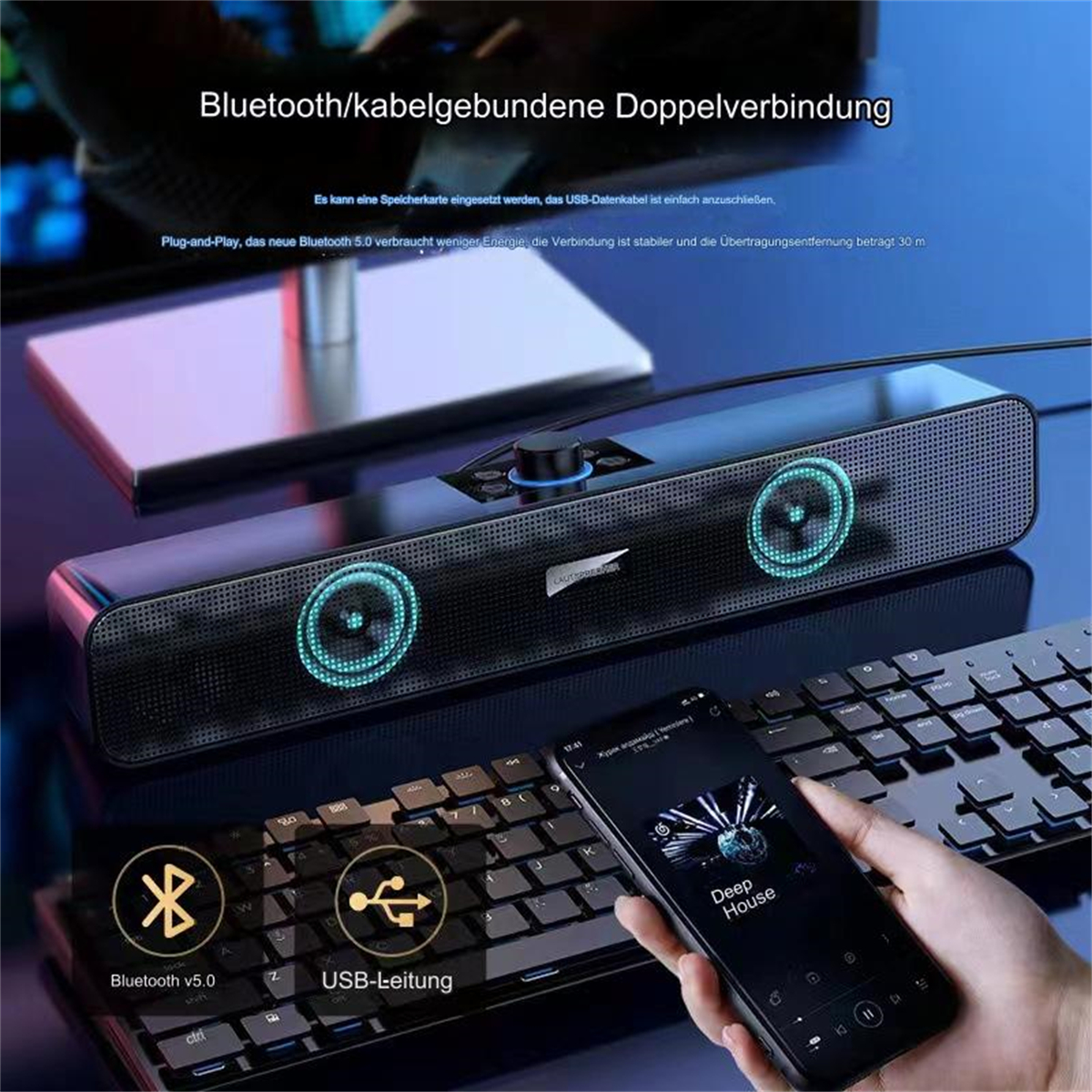 Schwarze Soundbar, Telefon zeigt Musik-App, Tastatur. Text: Bluetooth v5.0, USB-Anschluss.