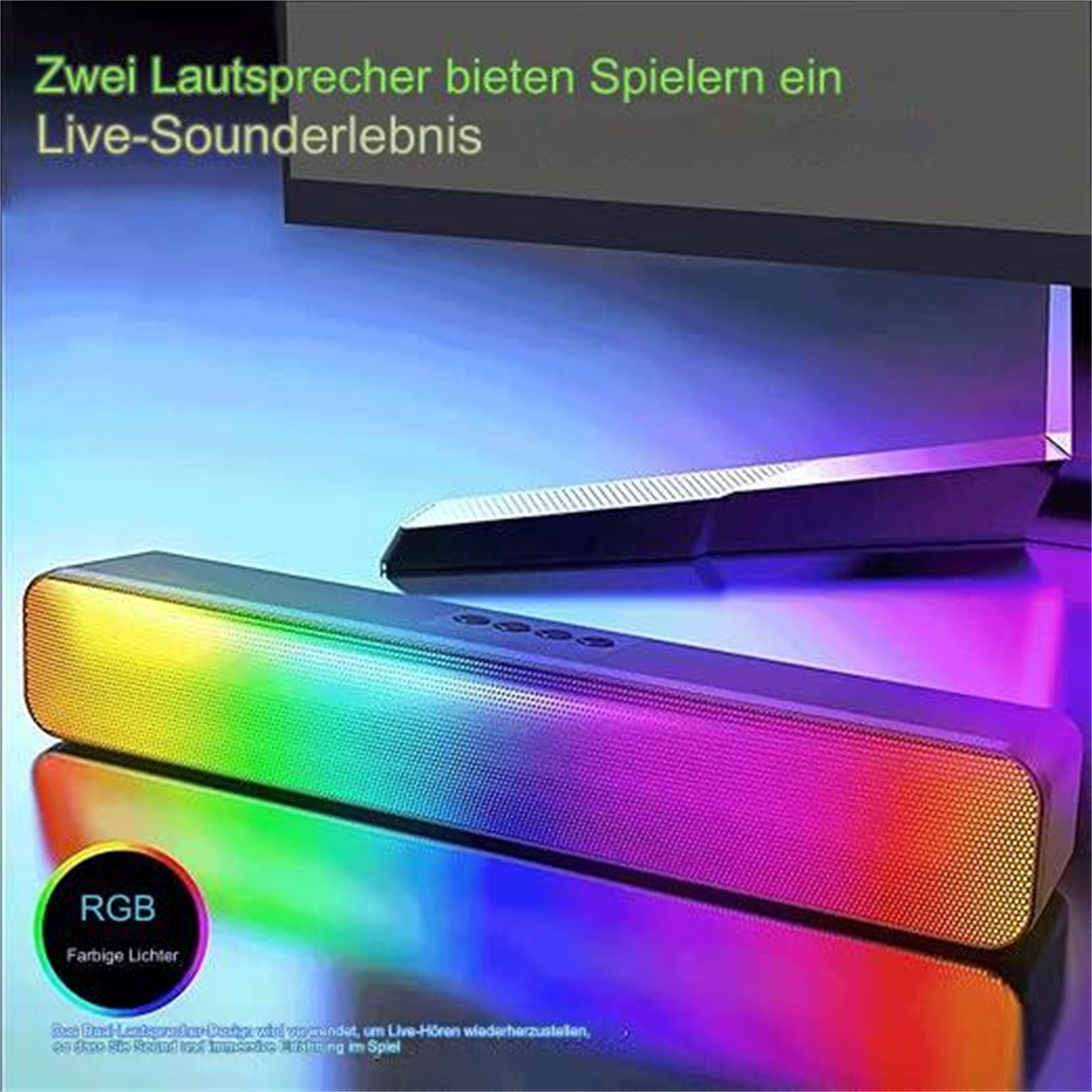 Eine Soundbar mit RGB-Beleuchtung vor einem Computermonitor.