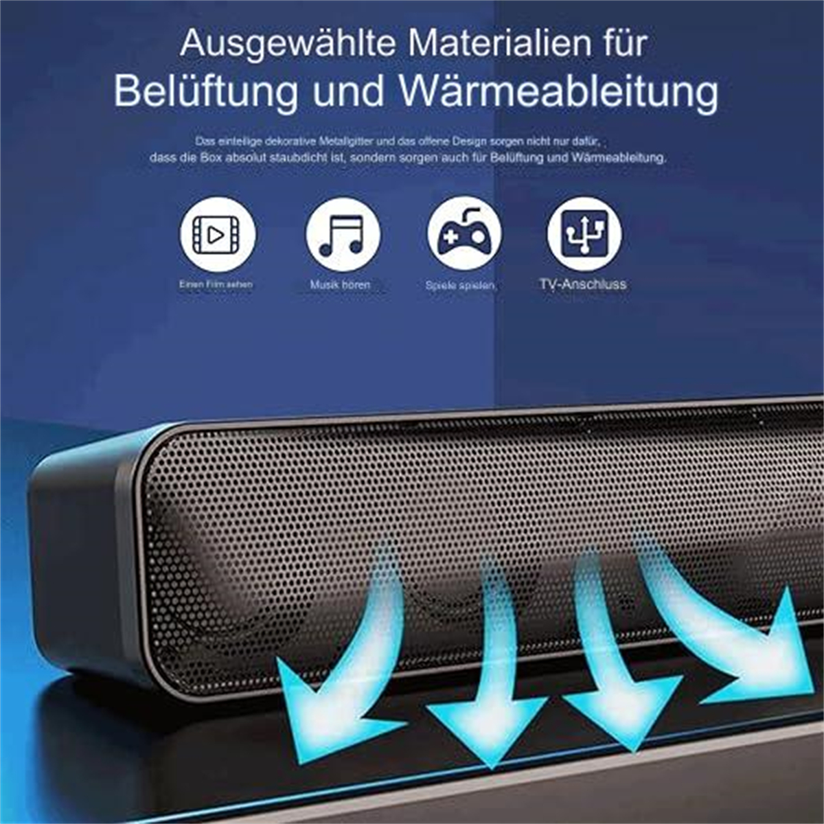 Schwarzer Lautsprecher mit Mesh-Front. Das Bild zeigt Pfeile des Luftstroms. Text auf Deutsch steht oben.