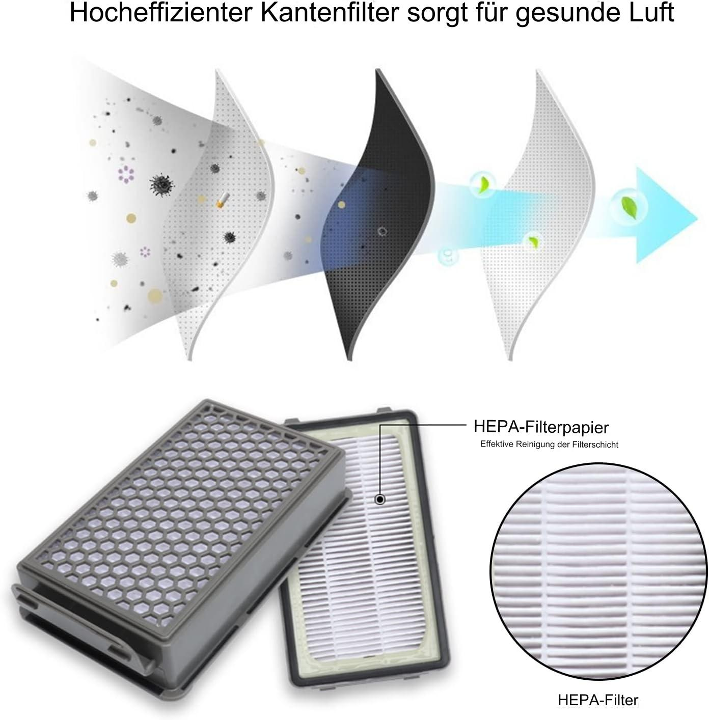 HEPA-Filter mit zwei Schichten, eine grau und eine weiß. Diagramm zeigt den Luftfilterprozess.