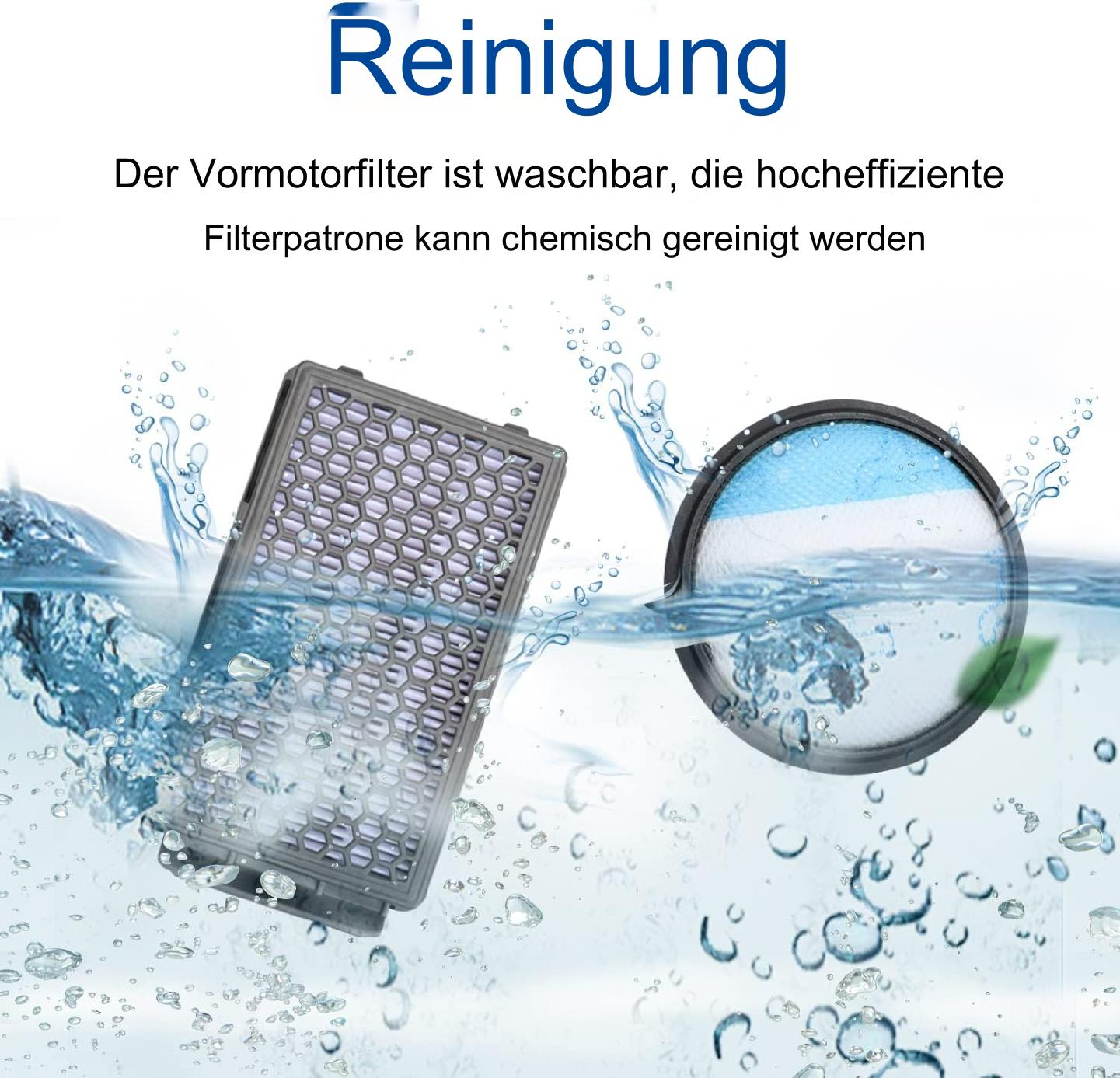 Zwei Filter im Wasser mit Text zur Filterreinigung.