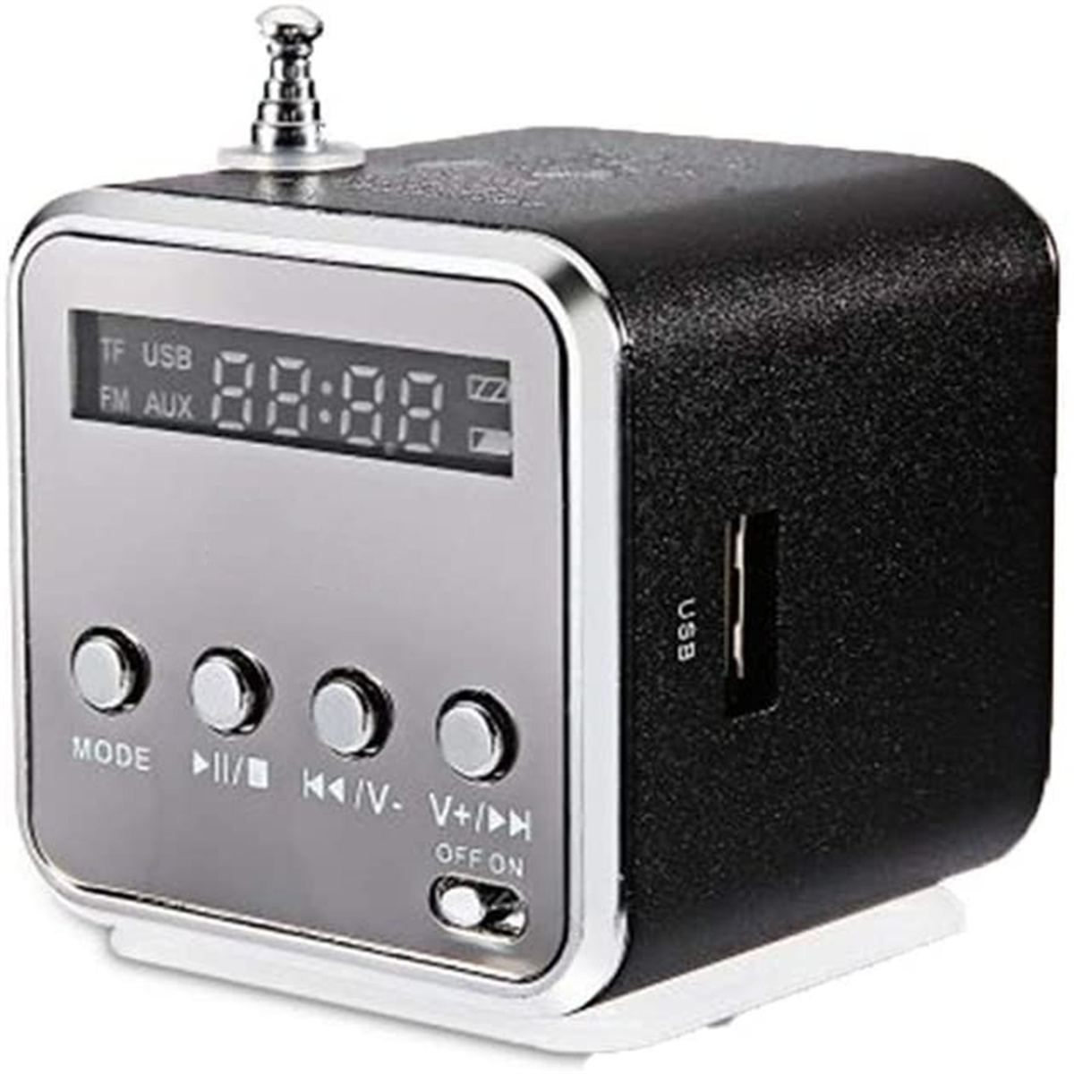 Ein kleines schwarz-silbernes Radio mit Digitalanzeige, Knöpfen und USB-Anschluss.