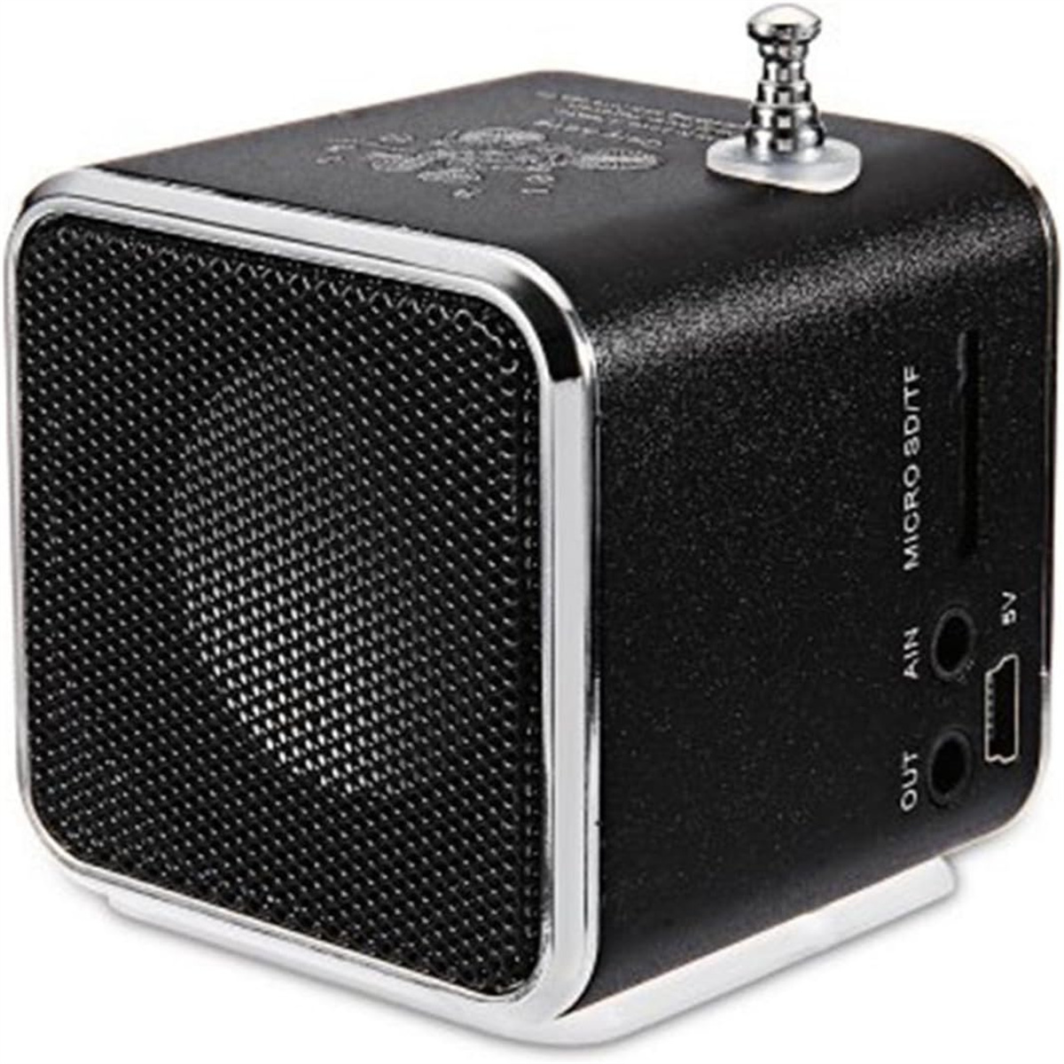 Ein kleines schwarzes Radio im Retro-Stil mit einer silbernen Antenne. Es hat einen Lautsprecher und Anschlüsse.
