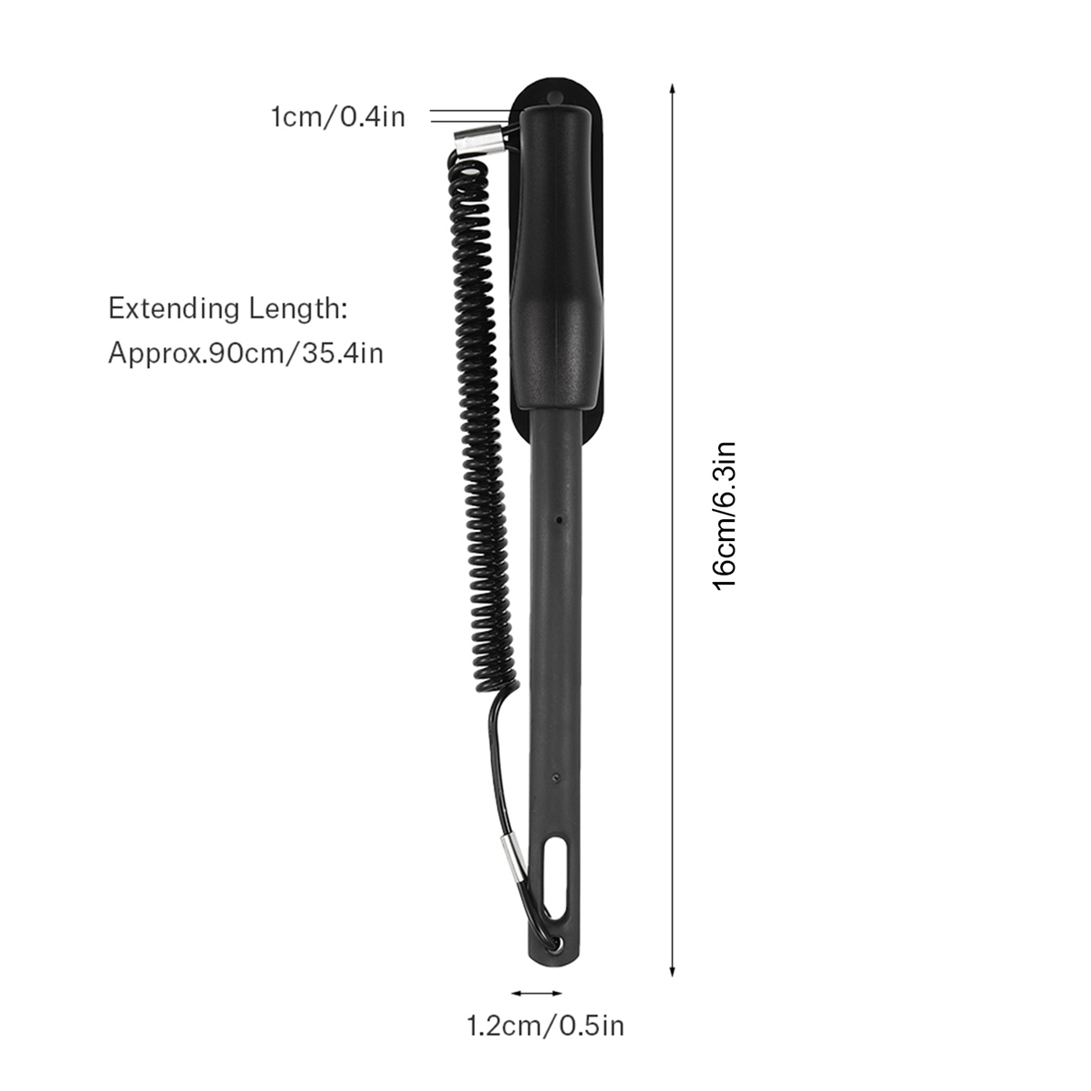 Ein schwarzes, gewendeltes Kabel mit Maßen, einschließlich Stecker und schwarzem Griff.