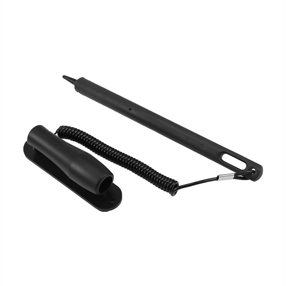 Schwarzer Stylus-Stift und Halter mit Spiralkabel, auf weißem Hintergrund.
