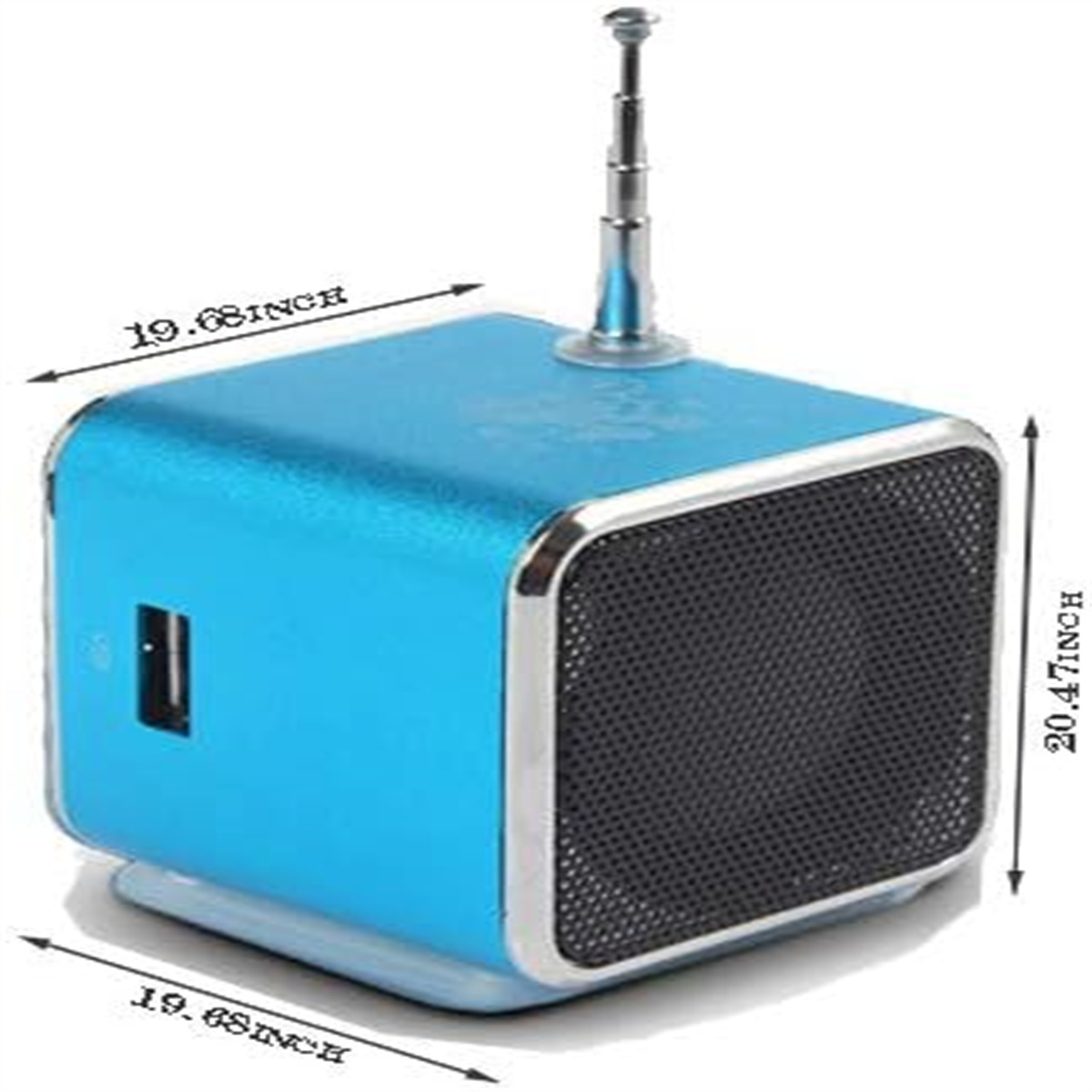Ein kleiner blauer quadratischer Lautsprecher mit USB-Anschluss und Antenne. Abmessungen sind angegeben.