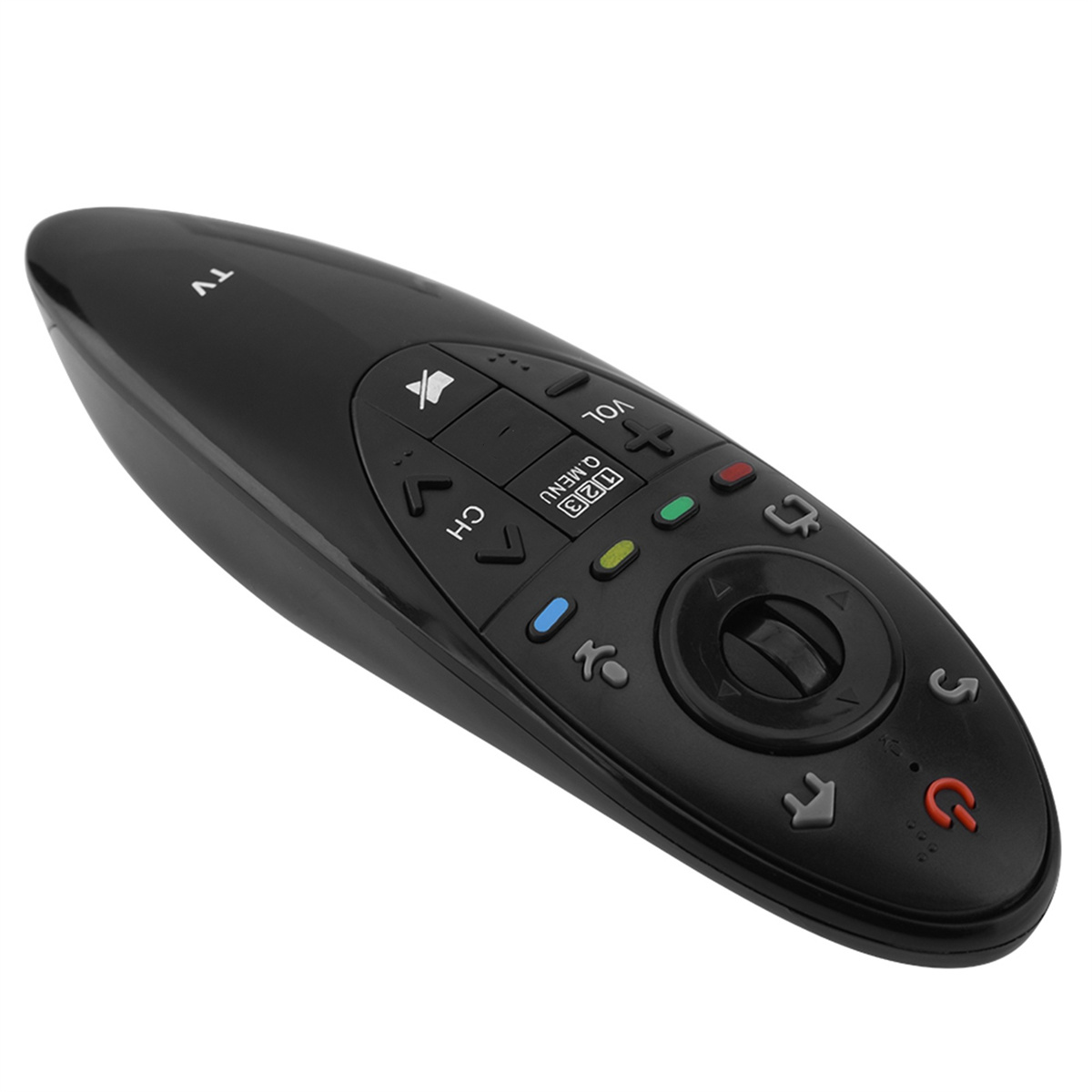 Schwarze TV-Fernbedienung mit mehreren Tasten, einschließlich Navigations- und Lautstärkereglern.