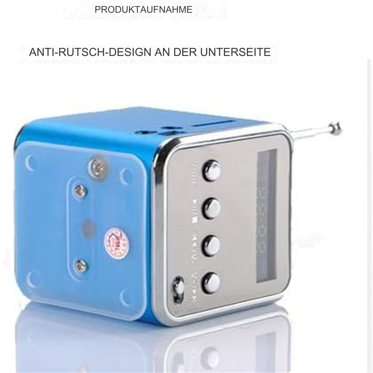 Ein blauer, quadratischer Lautsprecher mit Knöpfen und einem kleinen Bildschirm. Es hat einen silbernen Rand.