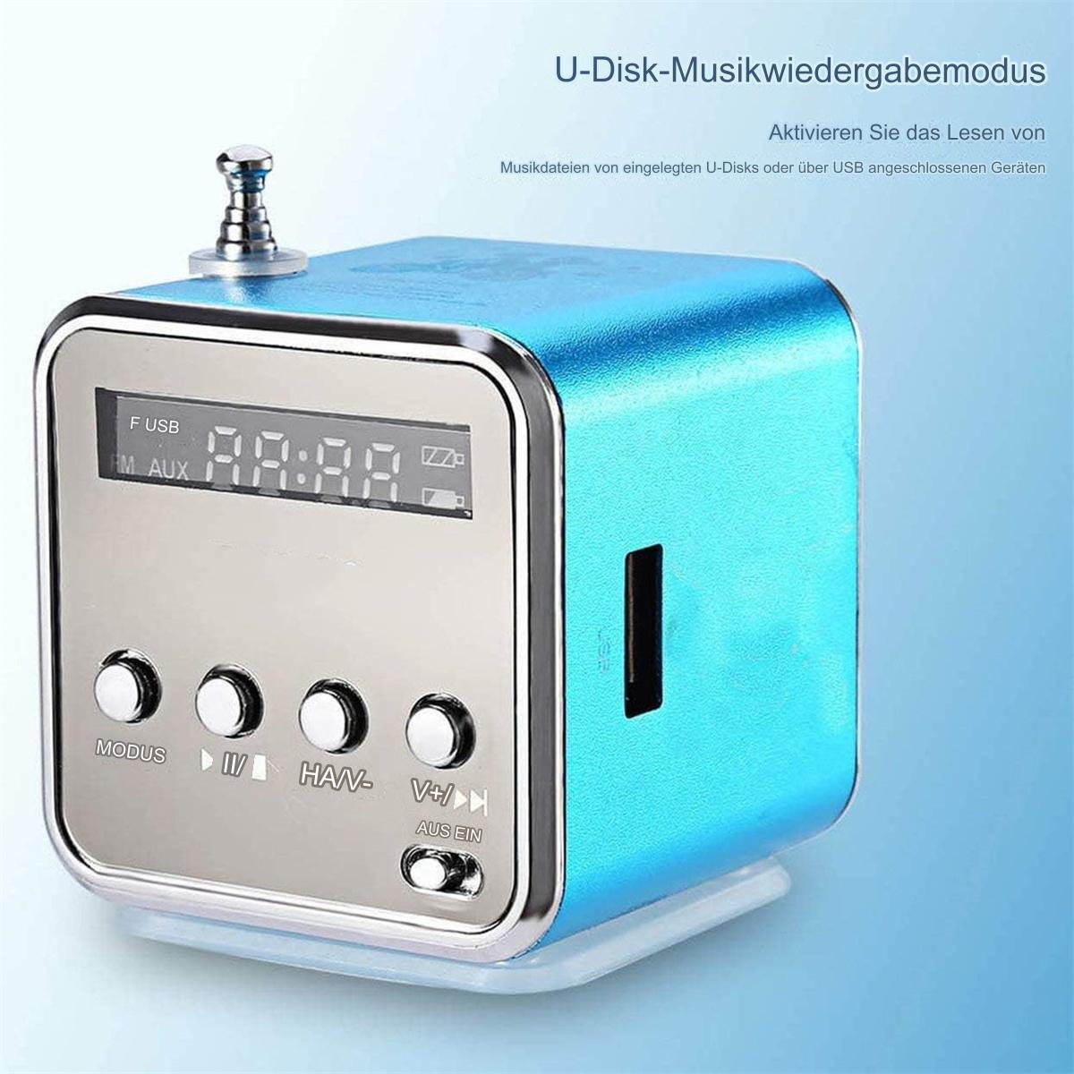 Ein kleiner, blauwürfelförmiger Lautsprecher mit digitaler Anzeige und Knöpfen. Silberne Vorderseite, blauer Körper.