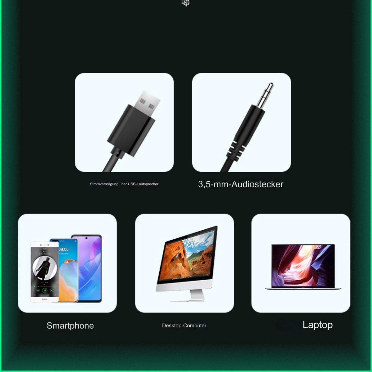 Bilder eines USB-Kabels, einer Audiobuchse, eines Smartphones, eines Desktop-Computers und eines Laptops.