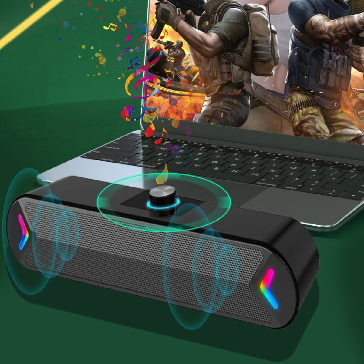 Schwarzer Lautsprecher mit Knopf, umgeben von Schallwellen und einem Laptop mit Spiel.