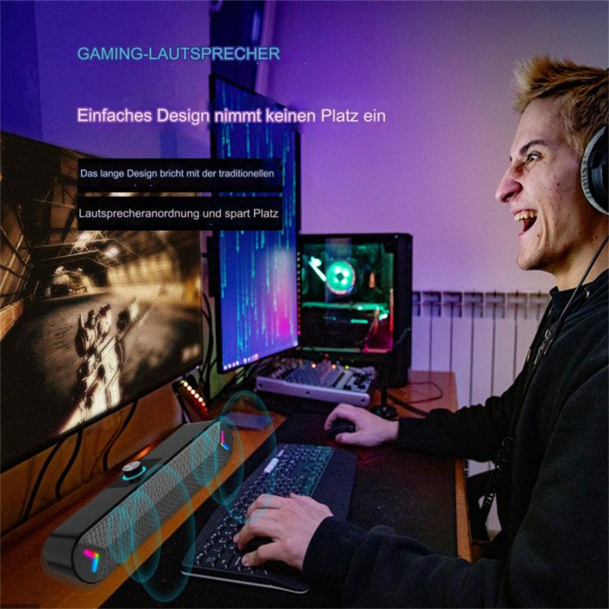 Gamer mit Kopfhörern blickt auf einen Monitor, mit einem Lautsprecher auf dem Schreibtisch.