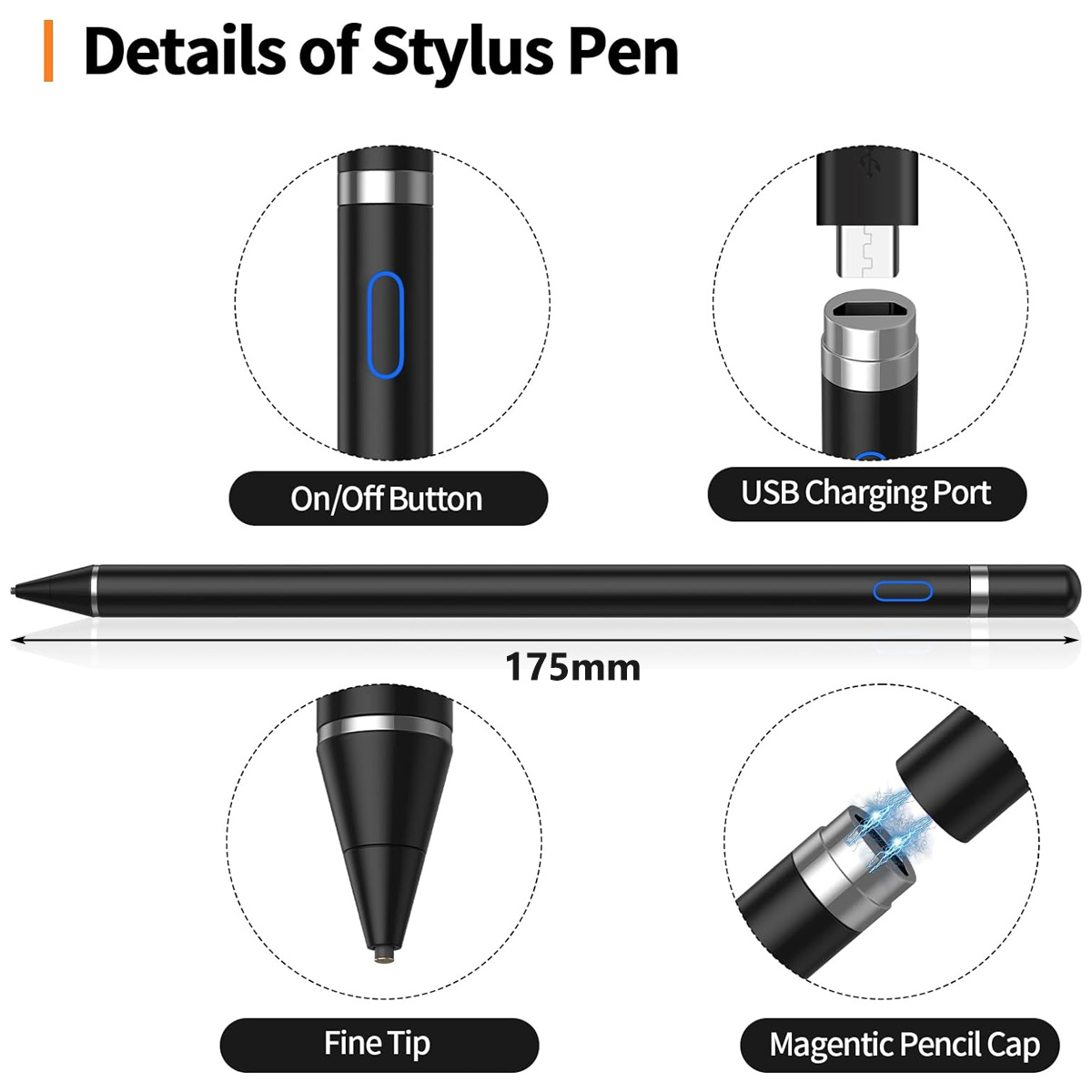 Schwarzer Stift mit Details: Ein-/Aus-Taste, USB-Ladeanschluss, feine Spitze und magnetische Stiftkappe.
