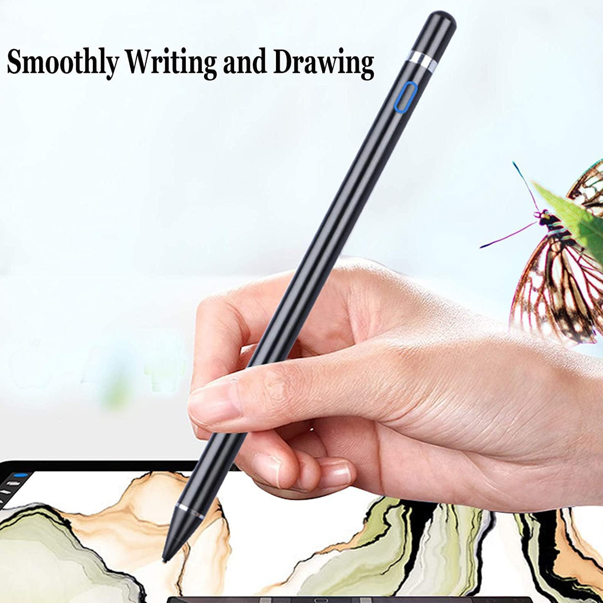 Ein schwarzer Stift mit blauem Knopf. Er wird von einer Hand gehalten, der Text sagt „Schreiben und Zeichnen“.