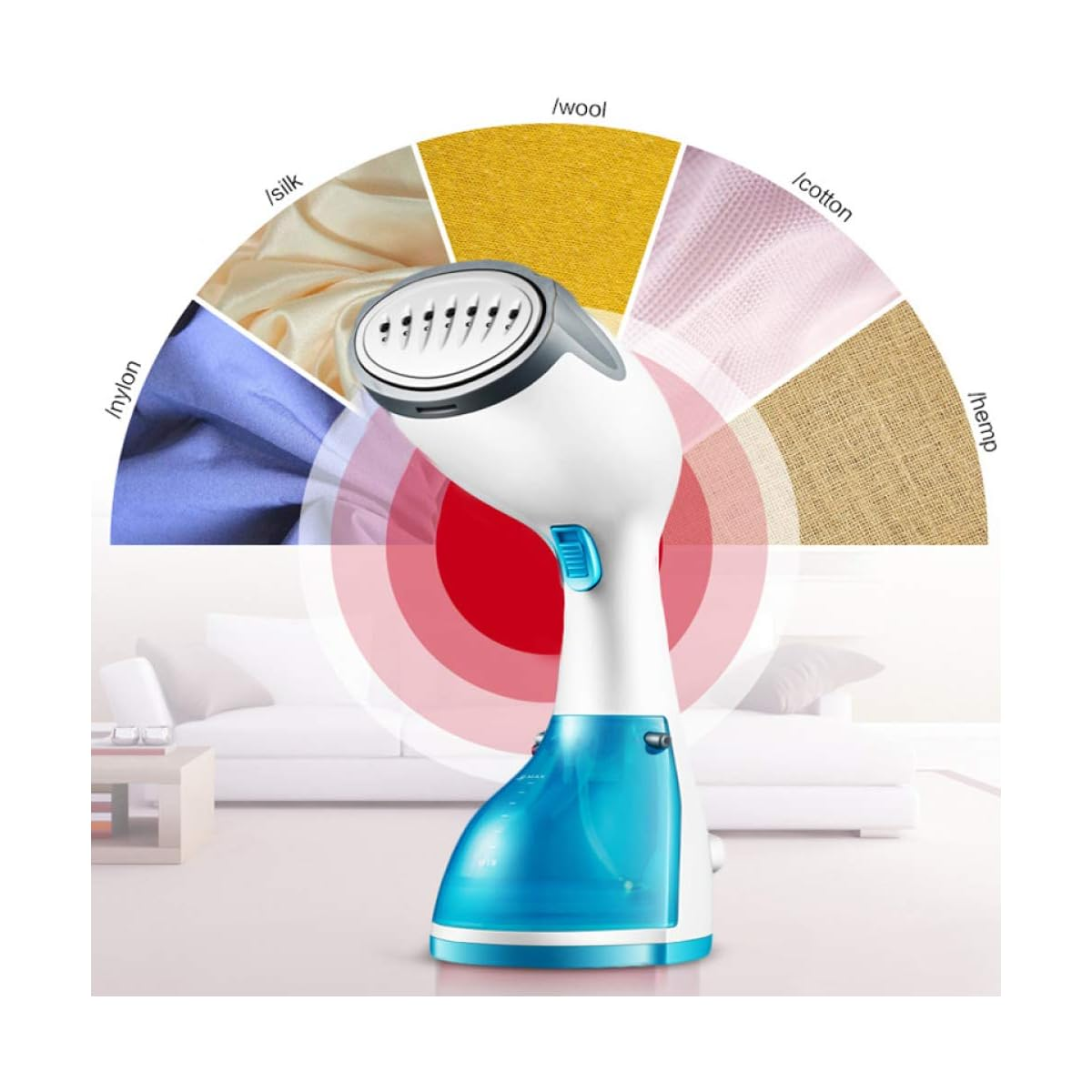 Weißer und blauer Kleiderdämpfer mit Stoffartanzeigen. Roter Hitzeeffekt. Weißer Hintergrund.