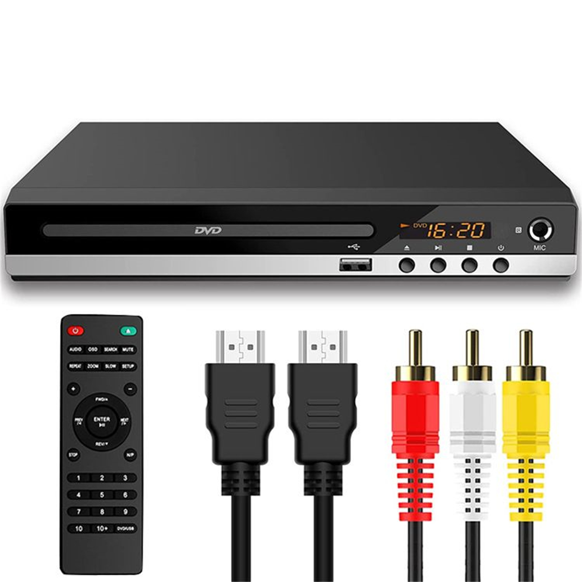 Schwarzer DVD-Player mit Fernbedienung, HDMI- und Audiokabeln. Die Uhrzeit wird angezeigt.