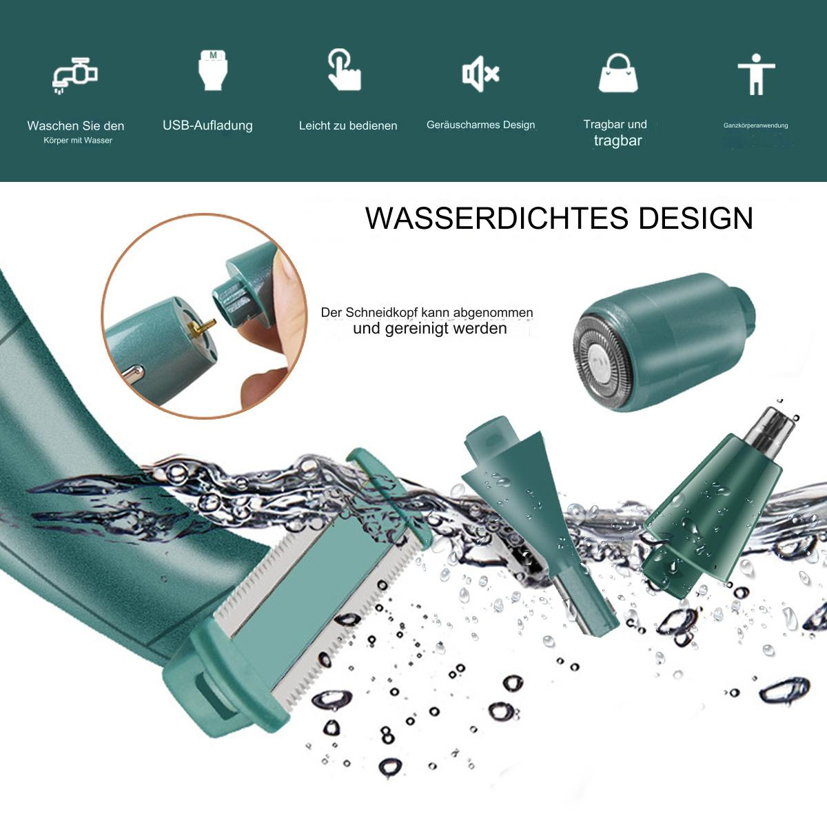 Ein wasserdichter Elektrorasierer wird zerlegt, wobei die Scherköpfe und Innenteile im Wasser gezeigt werden.