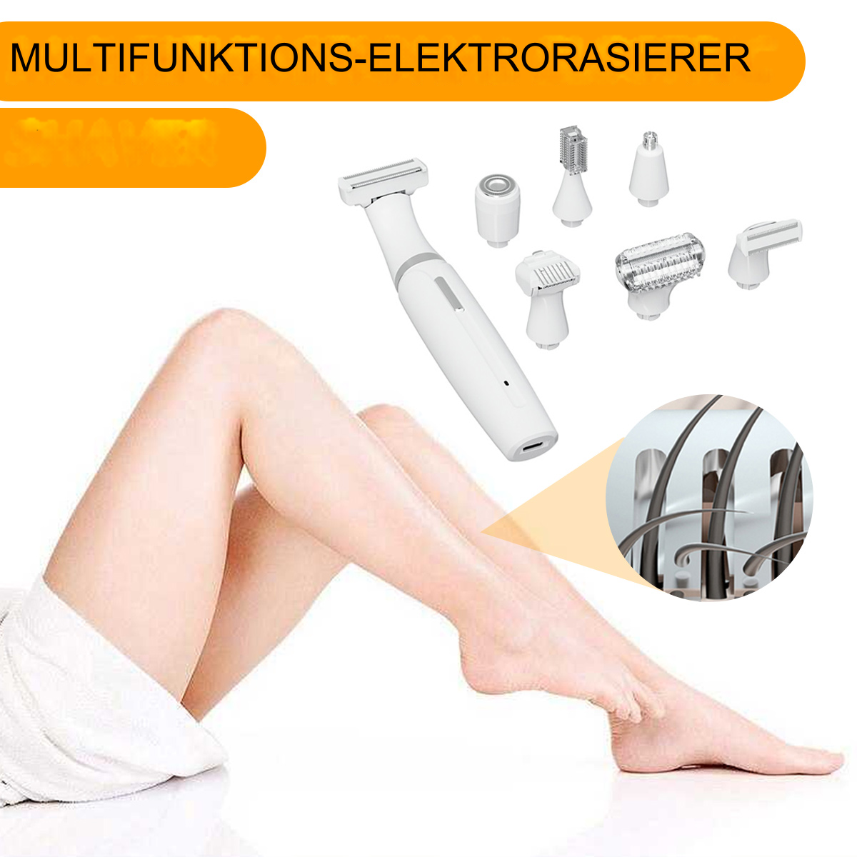 Ein weißer multifunktionaler Elektrorasierer mit verschiedenen Aufsätzen und einem Bein.