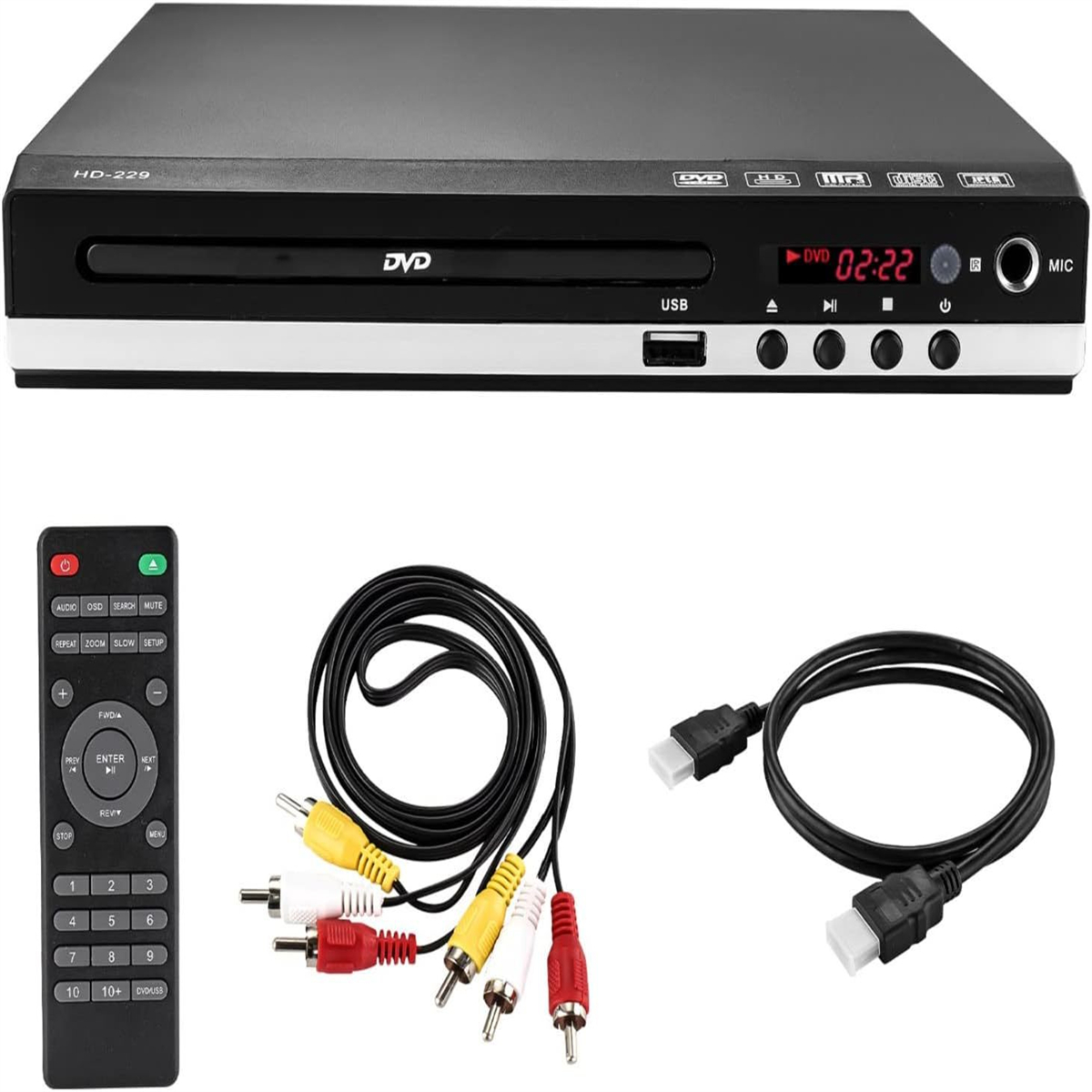 Ein schwarzer DVD-Player mit Fernbedienung, Kabeln und Anschlüssen. Das Display zeigt die Zeit 02:22.