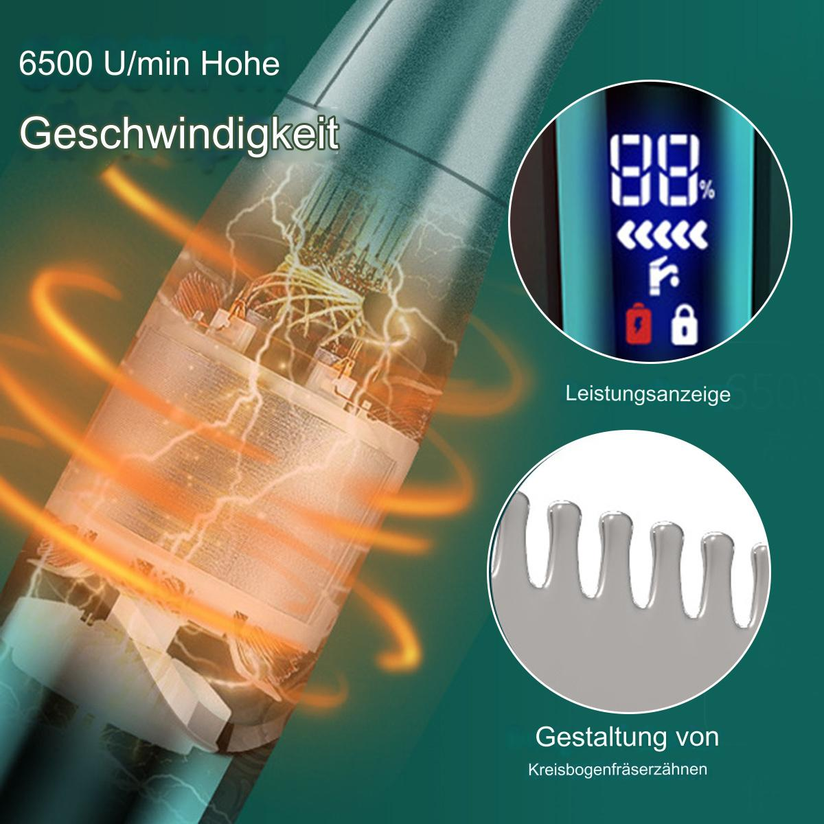 Nahaufnahme des Motors und des Schneiders eines Haarschneiders. Text zeigt Geschwindigkeit und Leistungsanzeige.