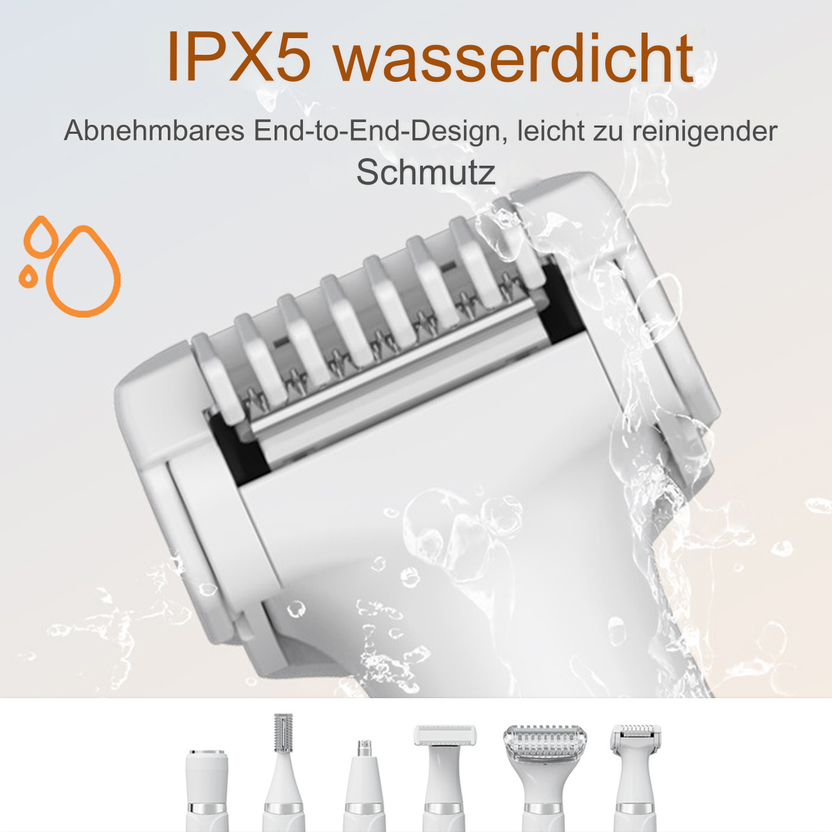 Ein weißer Rasiererkopf mit Wassertropfen und austauschbaren Köpfen. Der Text lautet IPX5 wasserdicht.