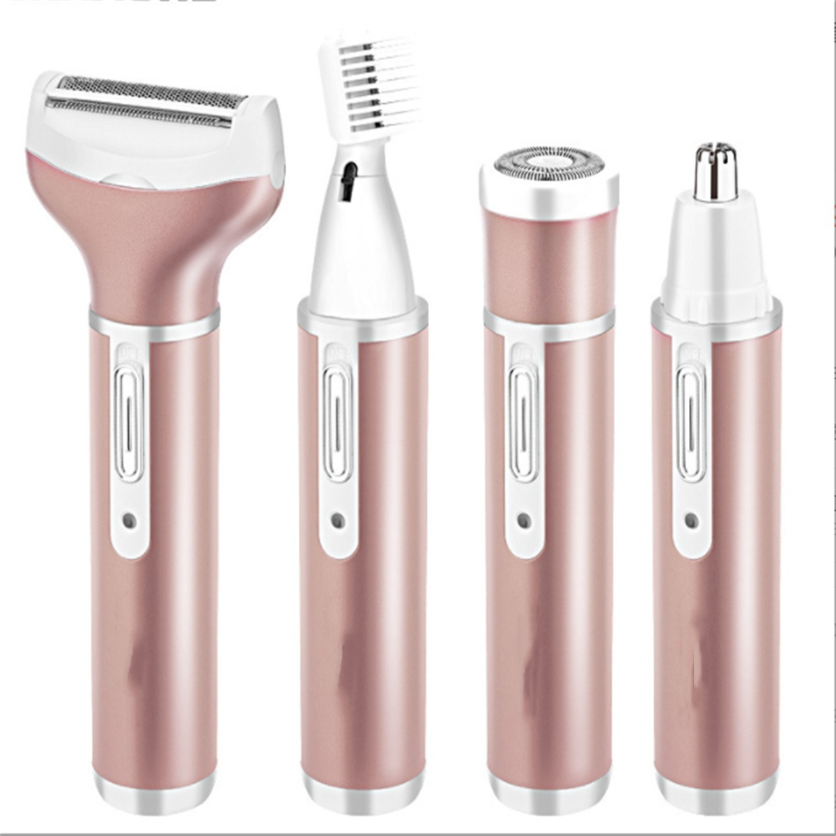 Vier roségoldfarbene elektrische Pflegegeräte: Rasierer, Trimmer, Epilierer und Nasenhaartrimmer. Alle zylindrisch.