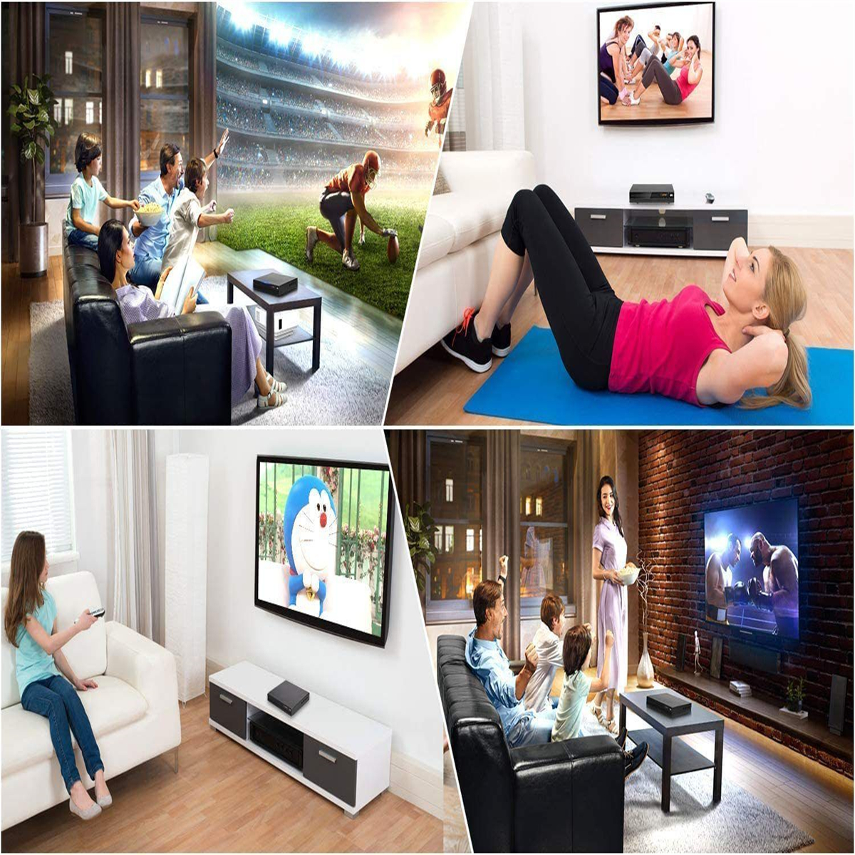 Mehrere Szenen von Leuten, die fernsehen. Szenen umfassen Sport, Bewegung und Zeichentrickfilme.