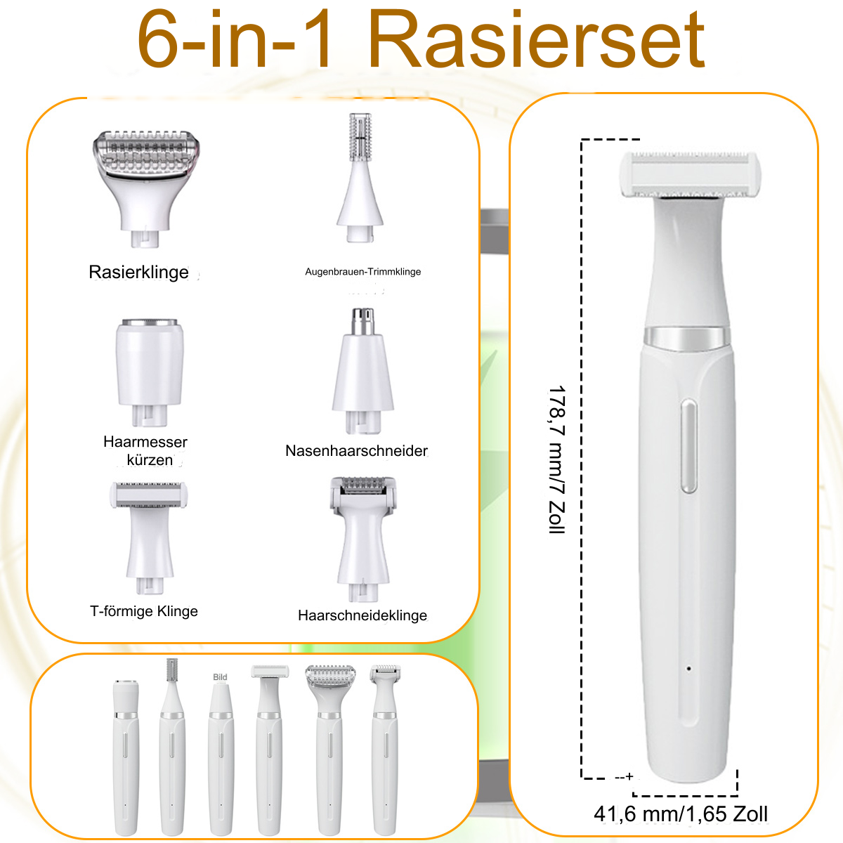 Ein 6-in-1-Rasiererset wird mit verschiedenen Teilen und einem Rasierer mit Abmessungen und Text angezeigt.