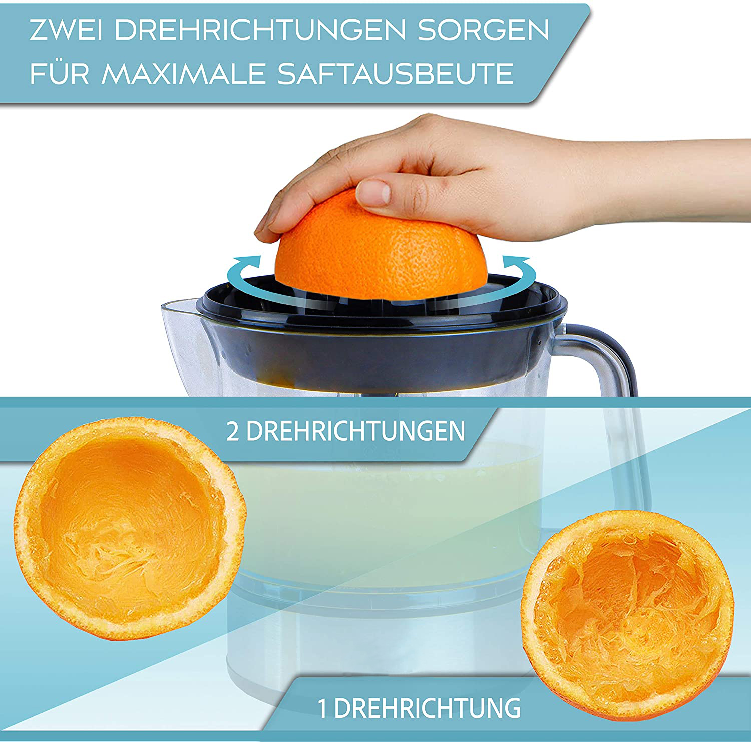 Nahaufnahme einer Orangenpresse. Eine Hand presst eine Orange. Geschnittene Orangen im unteren Teil.