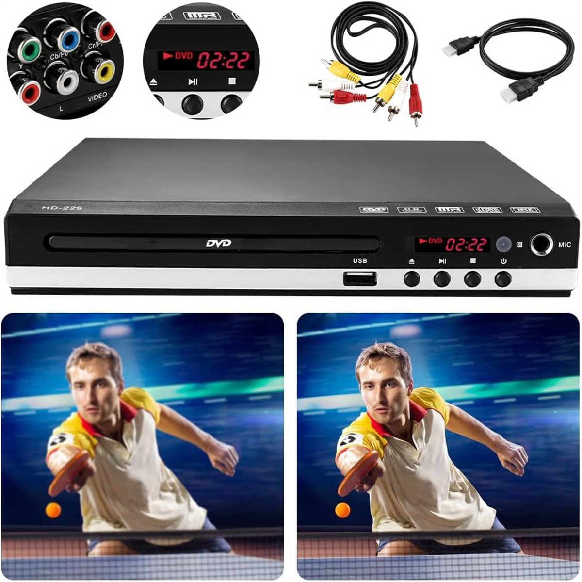 Ein DVD-Player mit Anschlüssen und Fernbedienung. Zwei Bilder eines Mannes, der Tischtennis spielt, sind unten zu sehen.