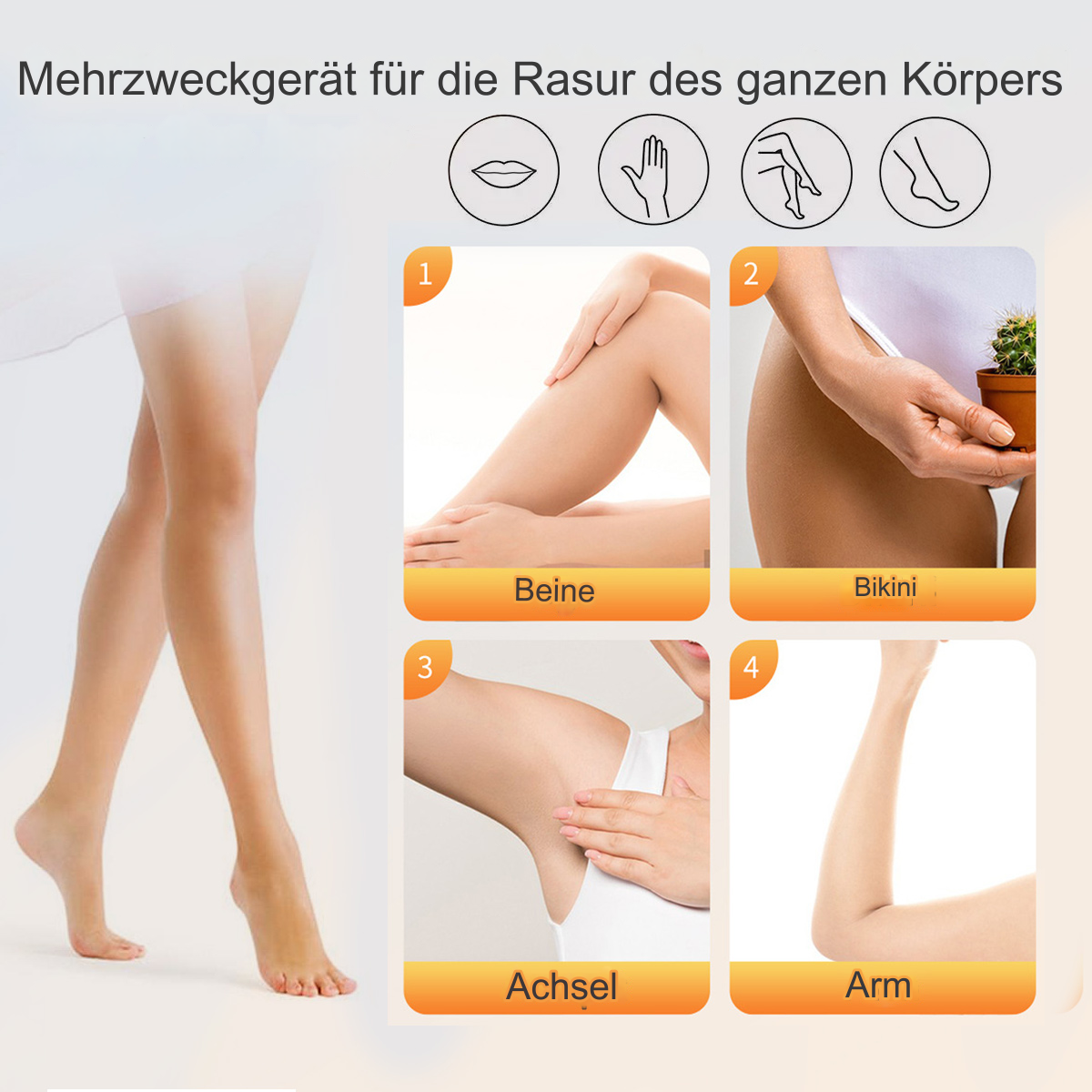 Das Bild zeigt Körperteile zum Rasieren: Beine, Bikinizone, Achselhöhle und Arm.