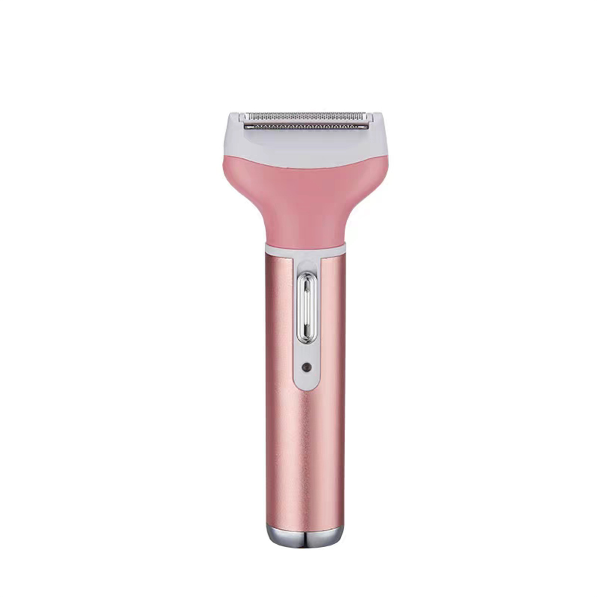Elektrischer Rasierer in Rosa und Roségold auf weißem Hintergrund.