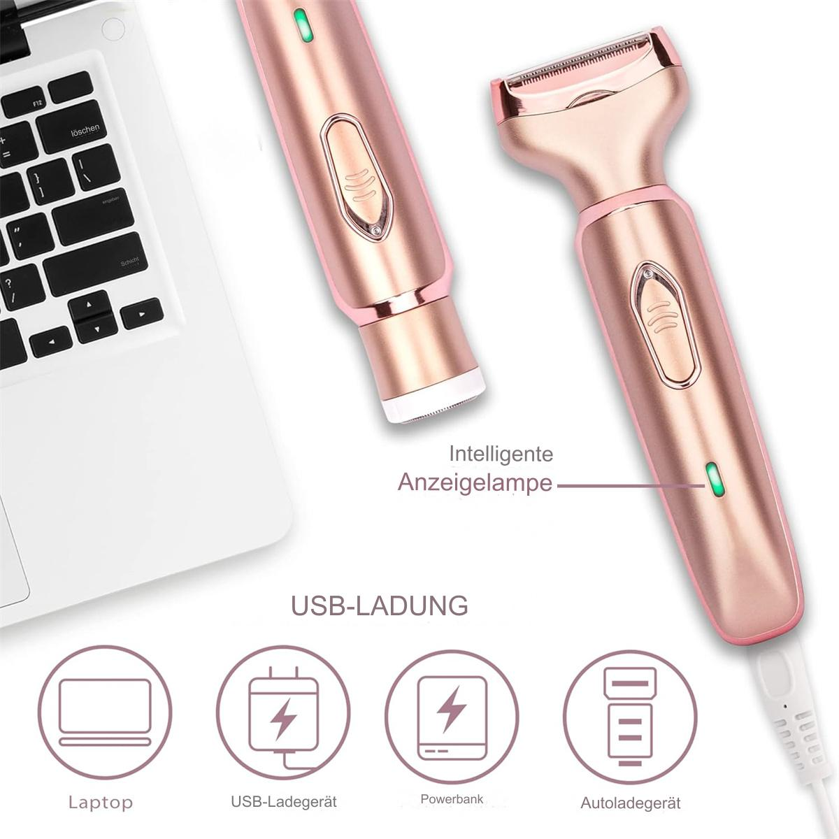 Roségoldener Elektrorasierer und Trimmer neben einem Laptop. USB-Lade-Symbole werden unten angezeigt.