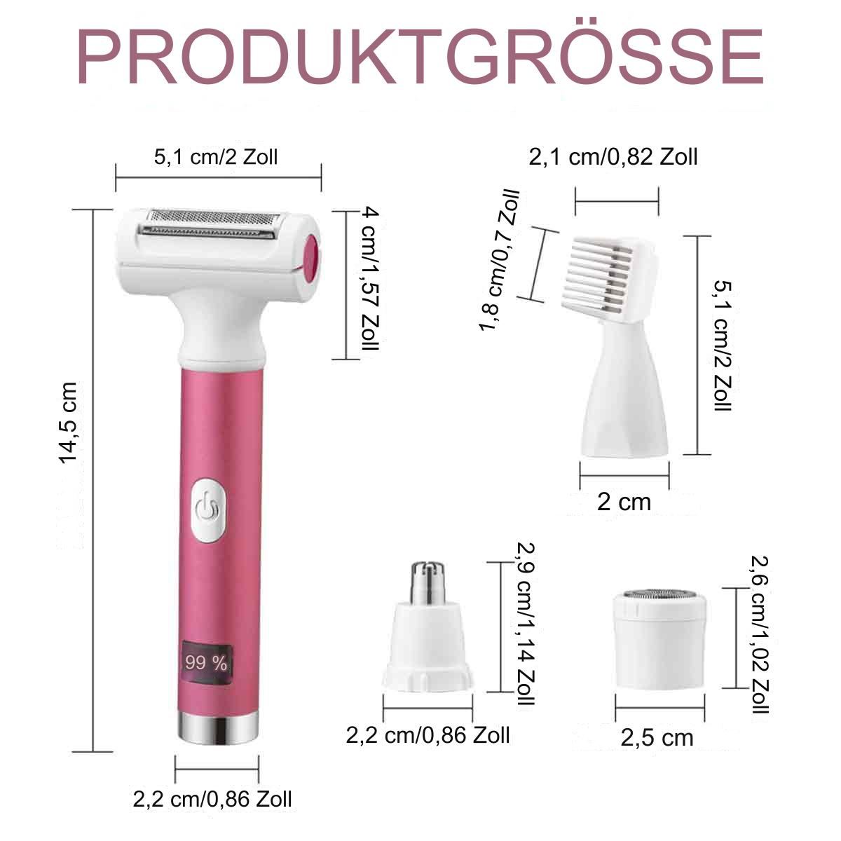 Diagramm eines Haarentfernungsgeräts mit Maßen in cm und Zoll.