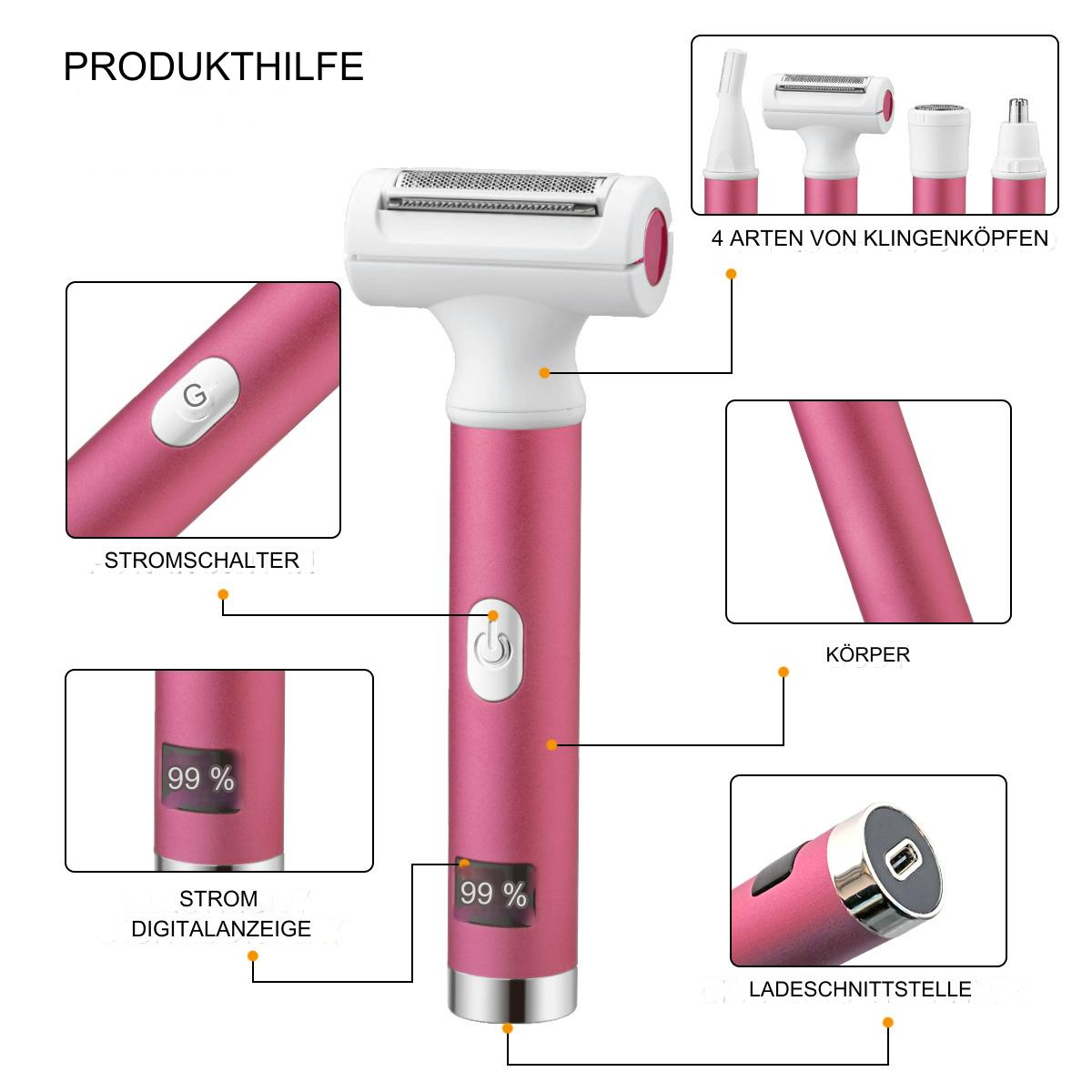 Ein pinkfarbener elektrischer Rasierer mit mehreren Aufsätzen und einer Digitalanzeige mit 99 %.