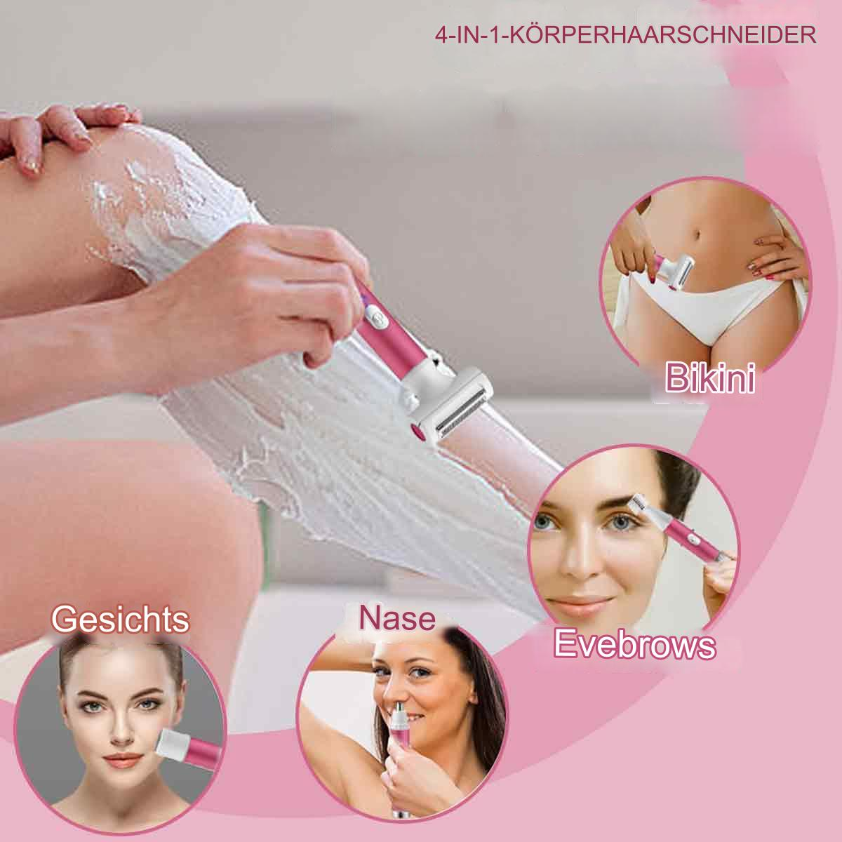 Eine Frau rasiert sich das Bein, und andere Frauen rasieren sich Gesichter und Bikinizone.