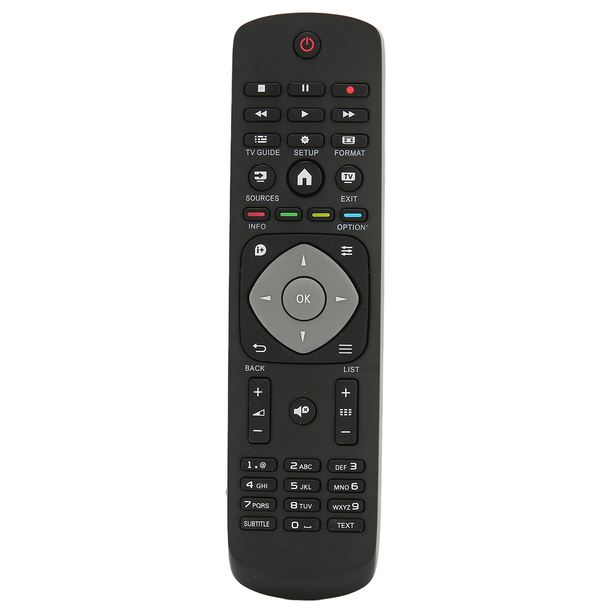 Schwarze TV-Fernbedienung mit mehreren Tasten, einschließlich Navigation.