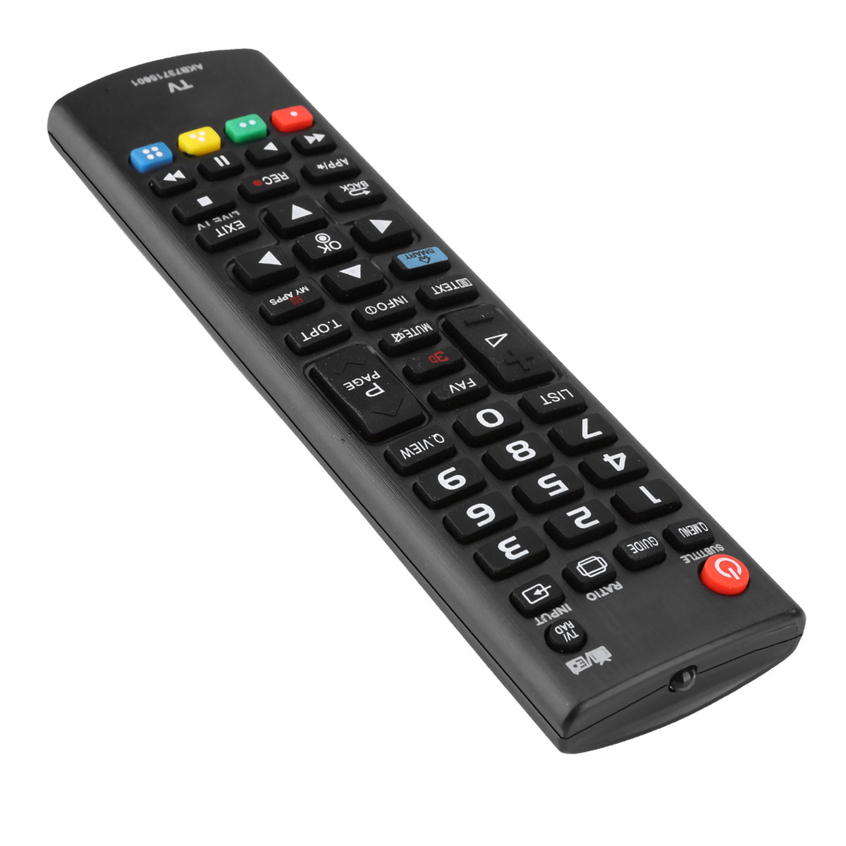 Eine schwarze TV-Fernbedienung mit vielen Knöpfen, abgewinkelt, vor weißem Hintergrund.