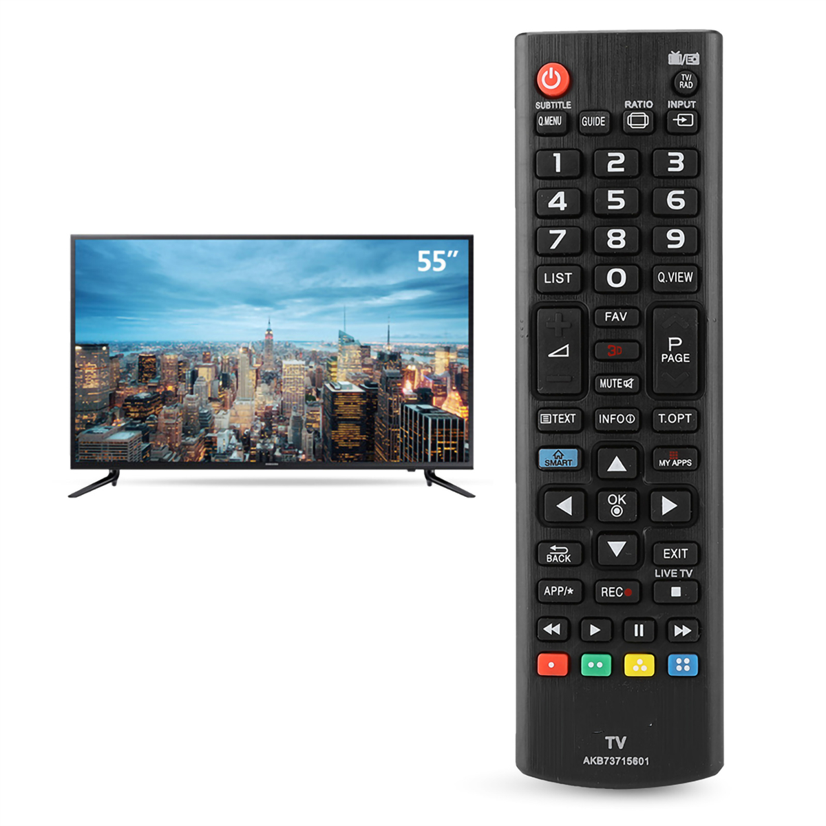 Ein 55" Fernseher und eine schwarze Fernbedienung mit vielen Knöpfen.
