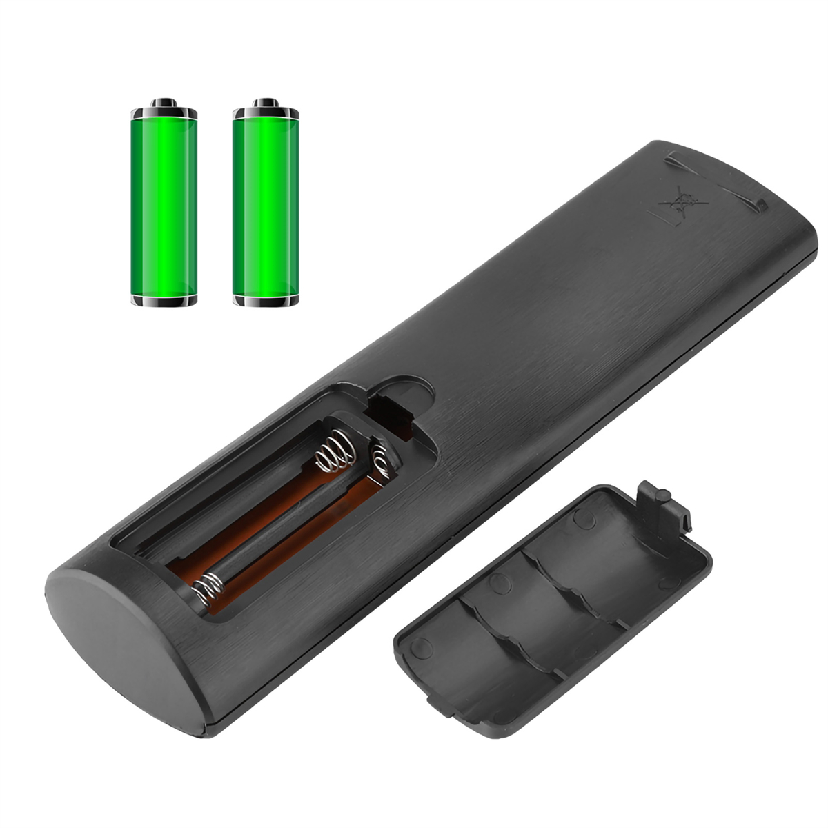 Schwarze Fernbedienung mit Batterien und Abdeckung, zeigt das Fach.