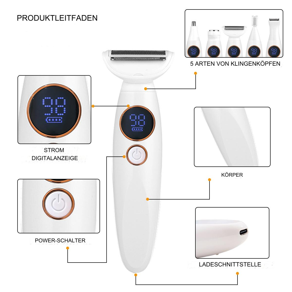 Ein weißer Elektrorasierer mit detaillierten Beschriftungen und Nahaufnahmen von Teilen und Display.