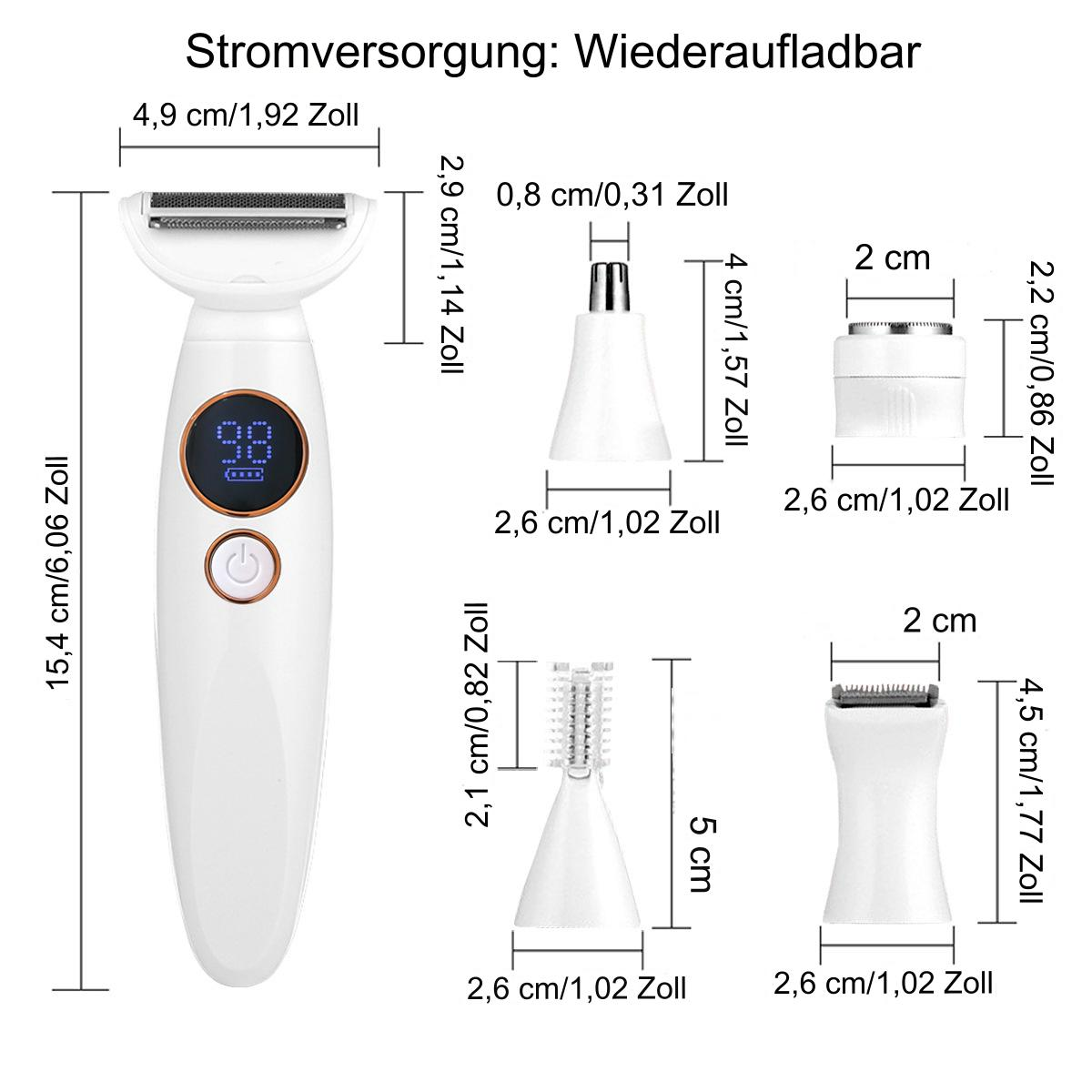 Weißes Pflegegerät mit Aufsätzen, Maßen und beschrifteten Komponenten.