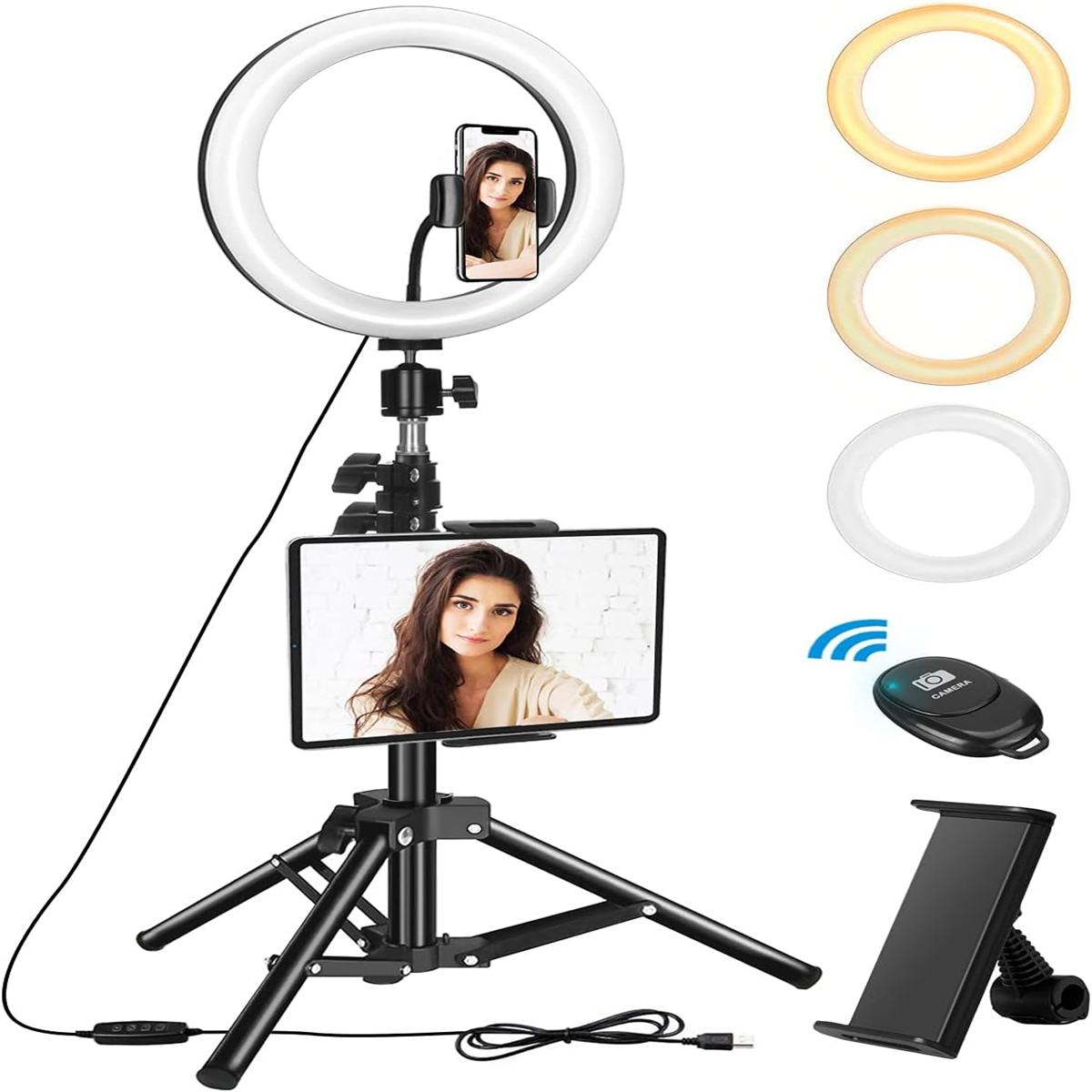 Ringlicht mit befestigtem Telefon und Tablet, plus Fernbedienung und Ständer.