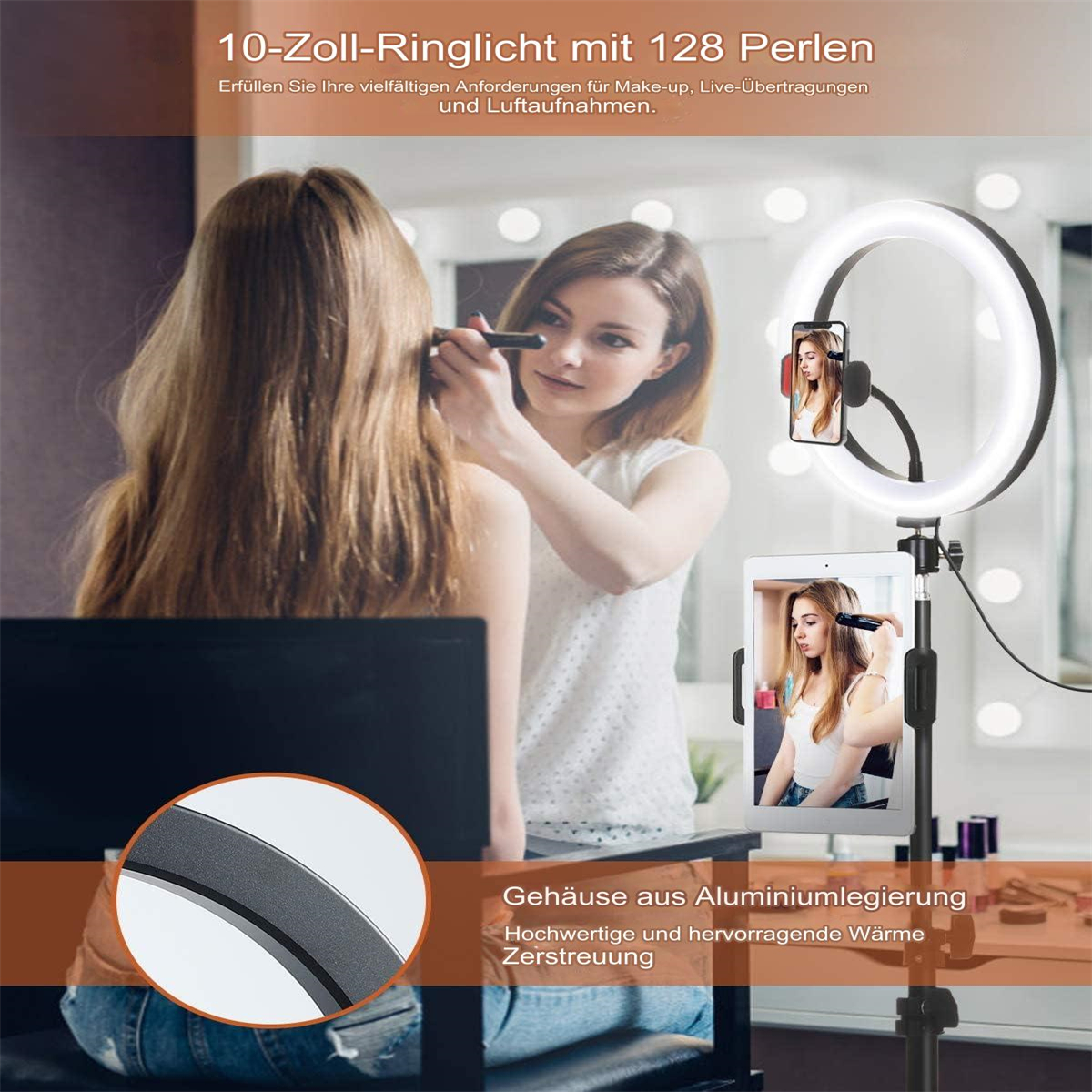 Eine Frau, die einer anderen Make-up aufträgt, unter einem Ringlicht mit Telefonhalter. Text beschreibt das Produkt.
