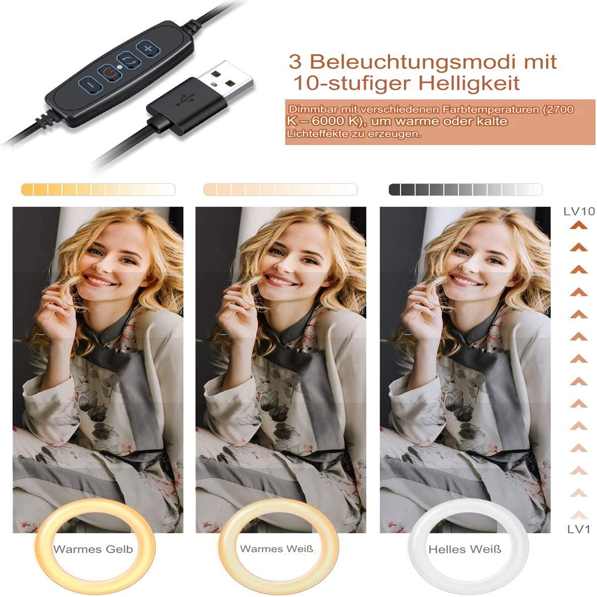 Eine Frau lächelt vor einem Ringlicht mit verschiedenen Farbtemperaturen für die Beleuchtung.