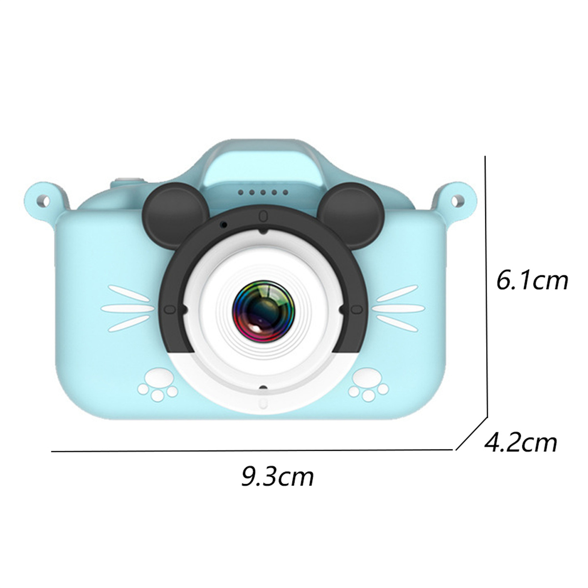Eine blaue Kamera mit Katzenohren. Sie hat einen weißen Umriss und ist 9,3 cm x 6,1 cm groß.