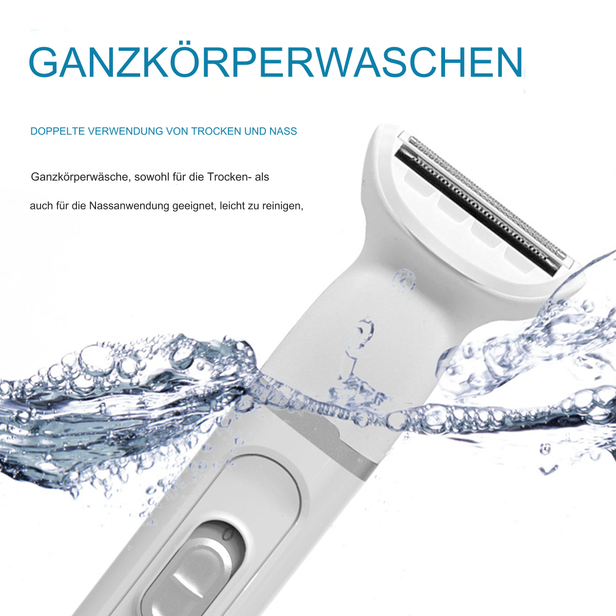 Ein weißer Rasierer befindet sich im Wasser. Der Text oben lautet 'Ganzkörperwäsche'.