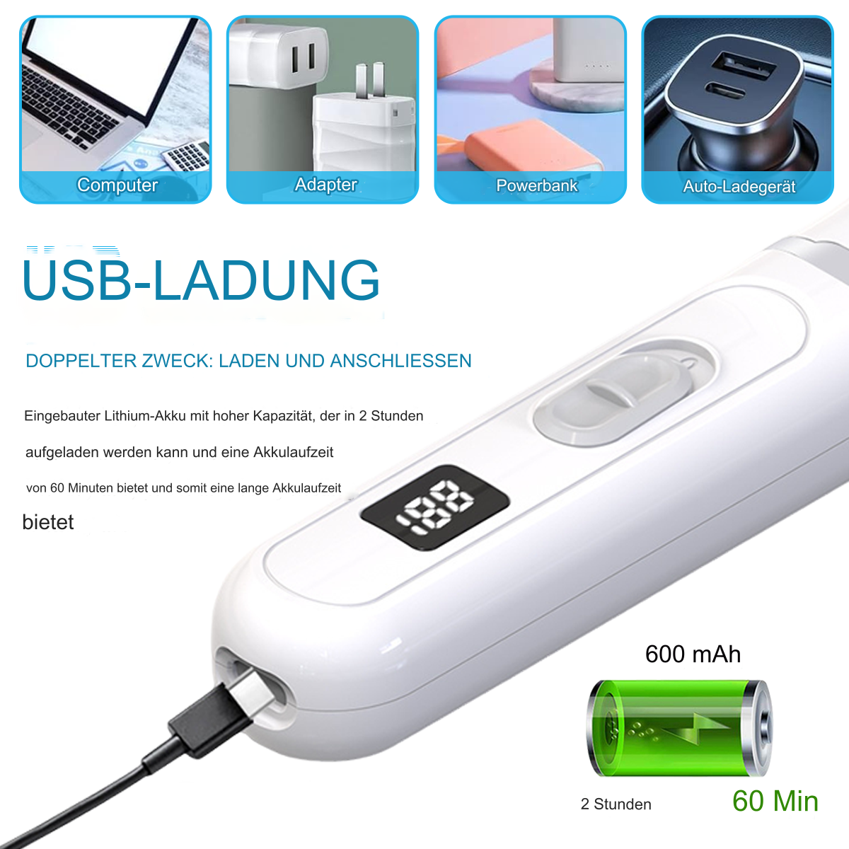 Weißer Elektrorasierer mit Ladekabel und Batteriestandsanzeige, sowie USB-Ladesymbolen.