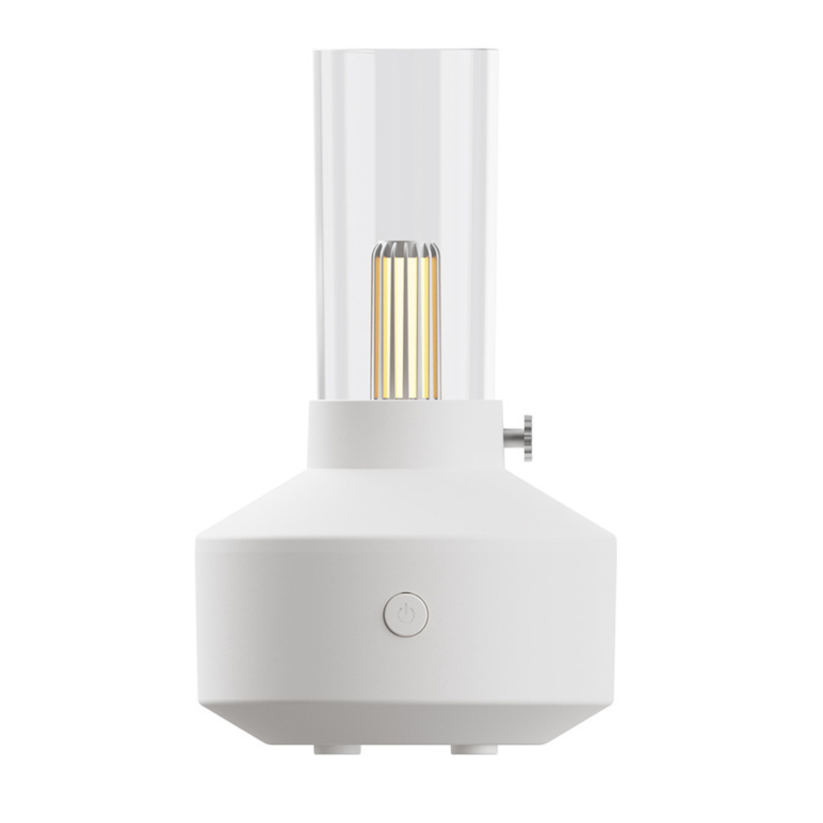 Weiße Lampe mit einem durchsichtigen Glaszylinder, der ein gelbes Licht umgibt. Sie hat einen Knopf.
